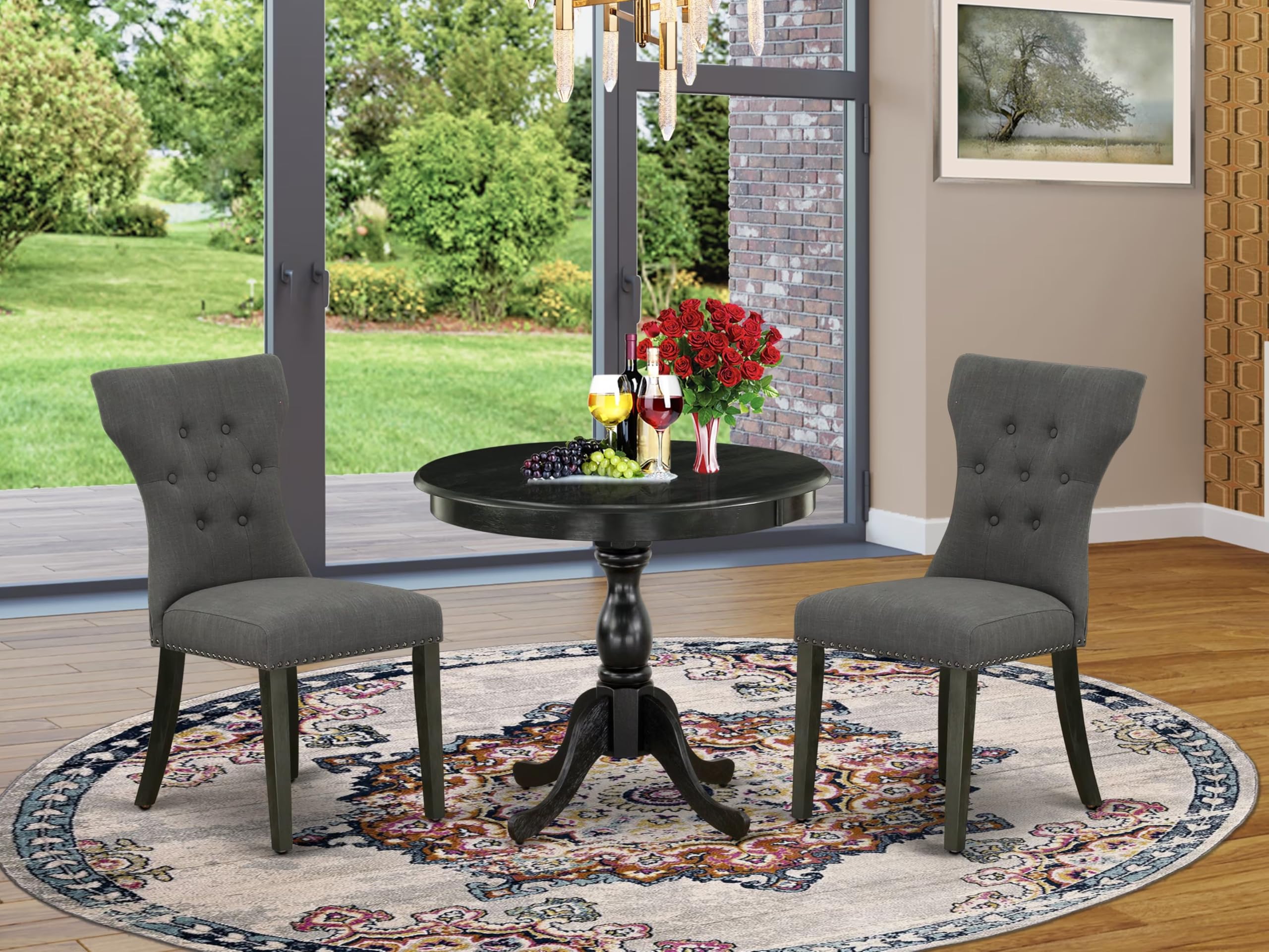 East West Furniture AMGA3-ABK-50 3 Piece Modern Dining Table Set Contains a Round Kitchen Table with Pedestal and 2 Dark Gotham Linen Fabric Upholstered Chairs, 36x36 Inch, Wirebrushed Black