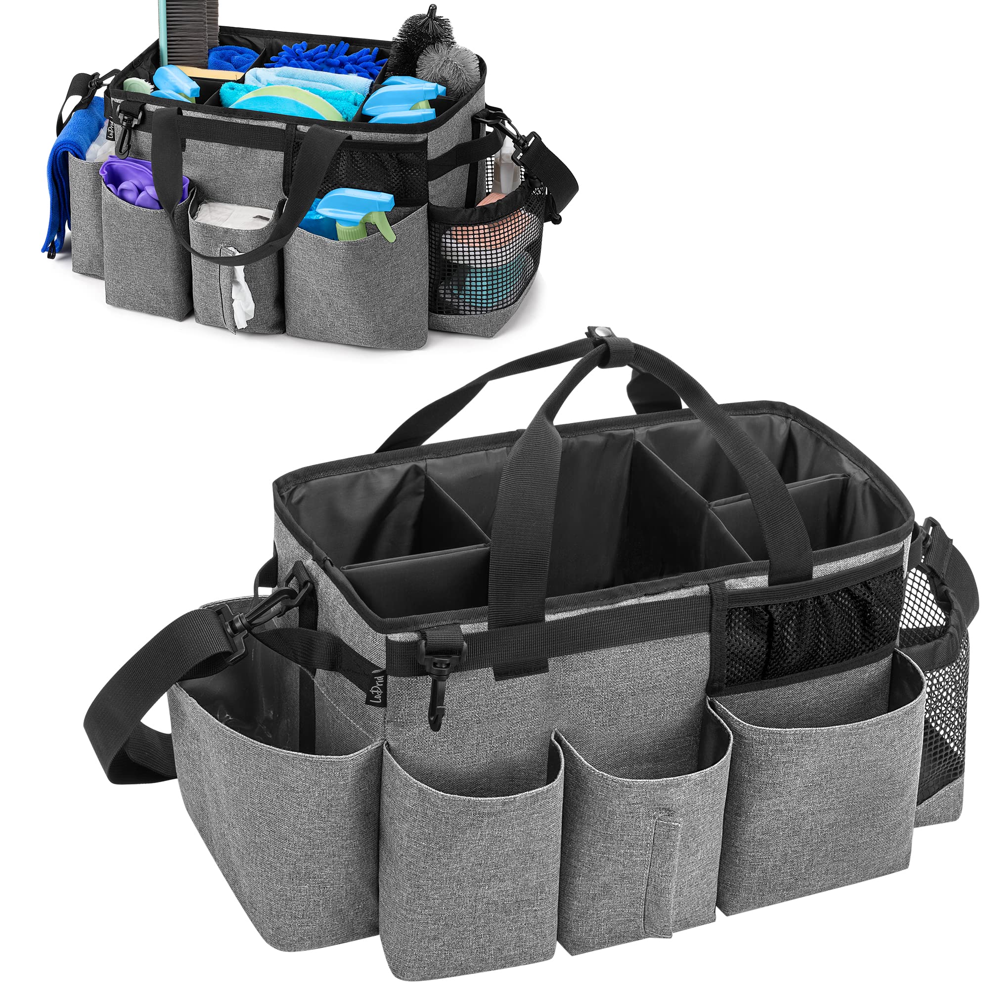 Lodrid Wearable Cleaning Caddy Bag With 4 Foldable Dividers, Cleaning Supply Organizer With Shoulder Strap And Side Handles For