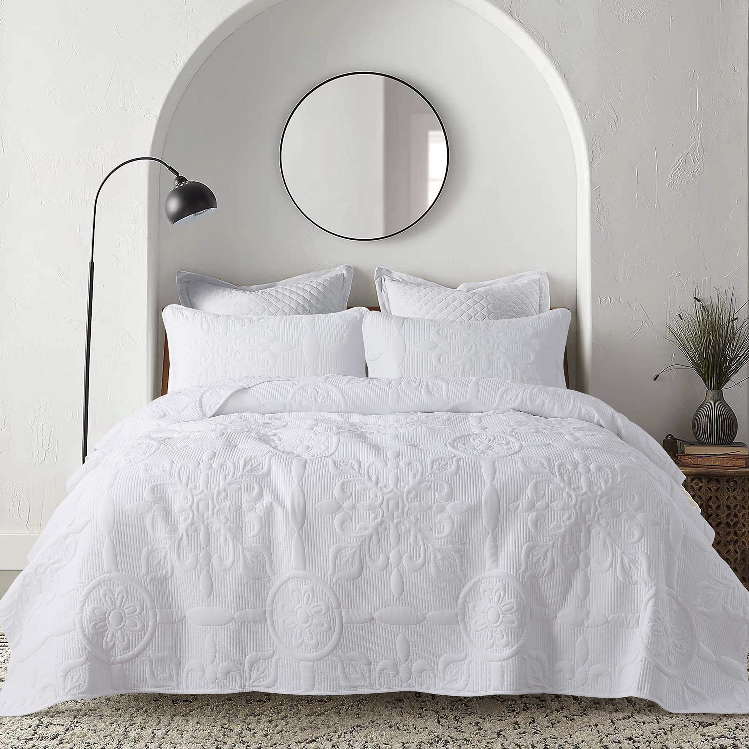 Damask Quilt Queen Size Bedding Sets With Pillow Shams, Boho Soft Lightweight Bedspread Coverlet, White Quilted Blanket Thin Com