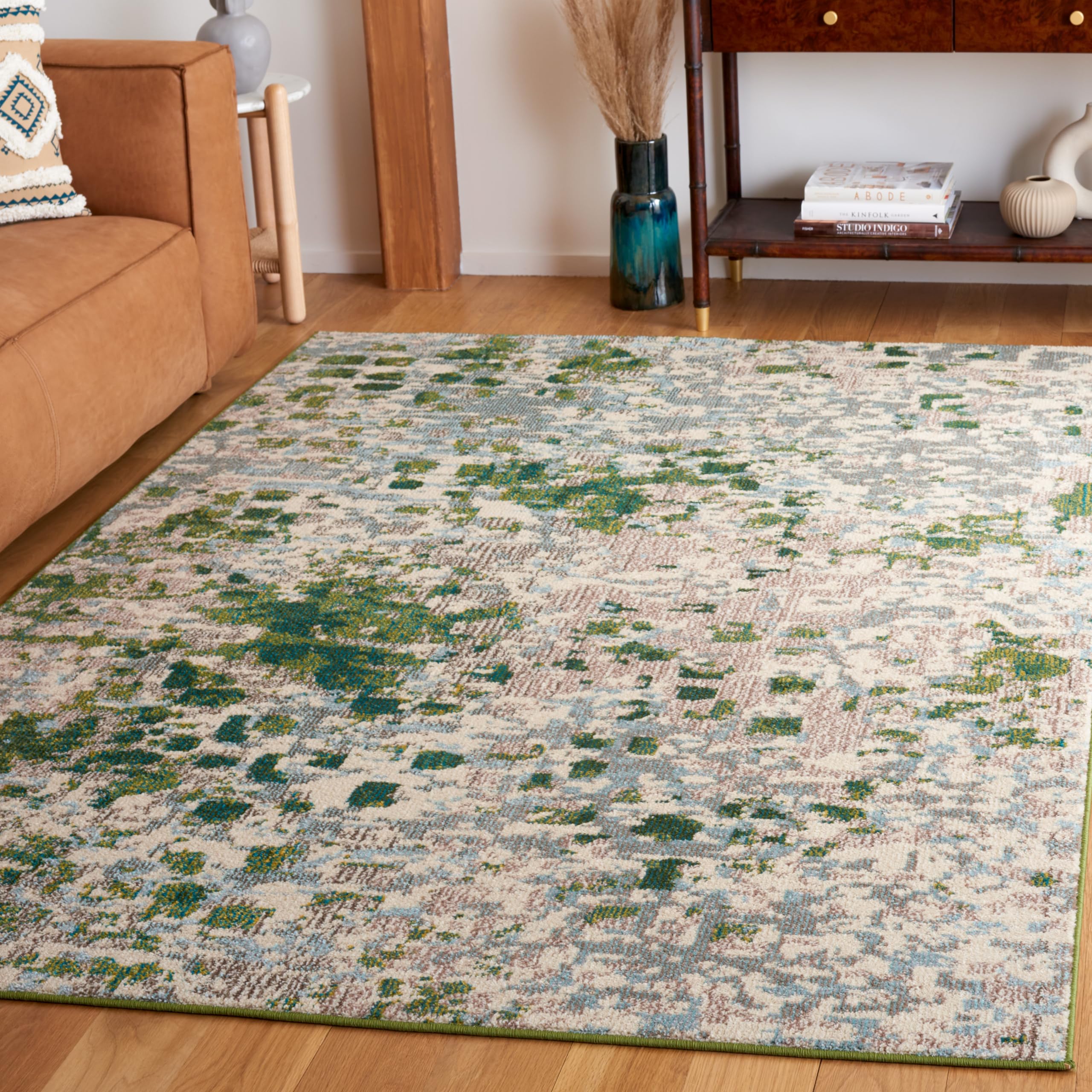 SAFAVIEH Monaco Collection Area Rug - 67 Square, Green & Blue, Abstract Watercolor Design, Non-Shedding & Easy Care, Ideal for 