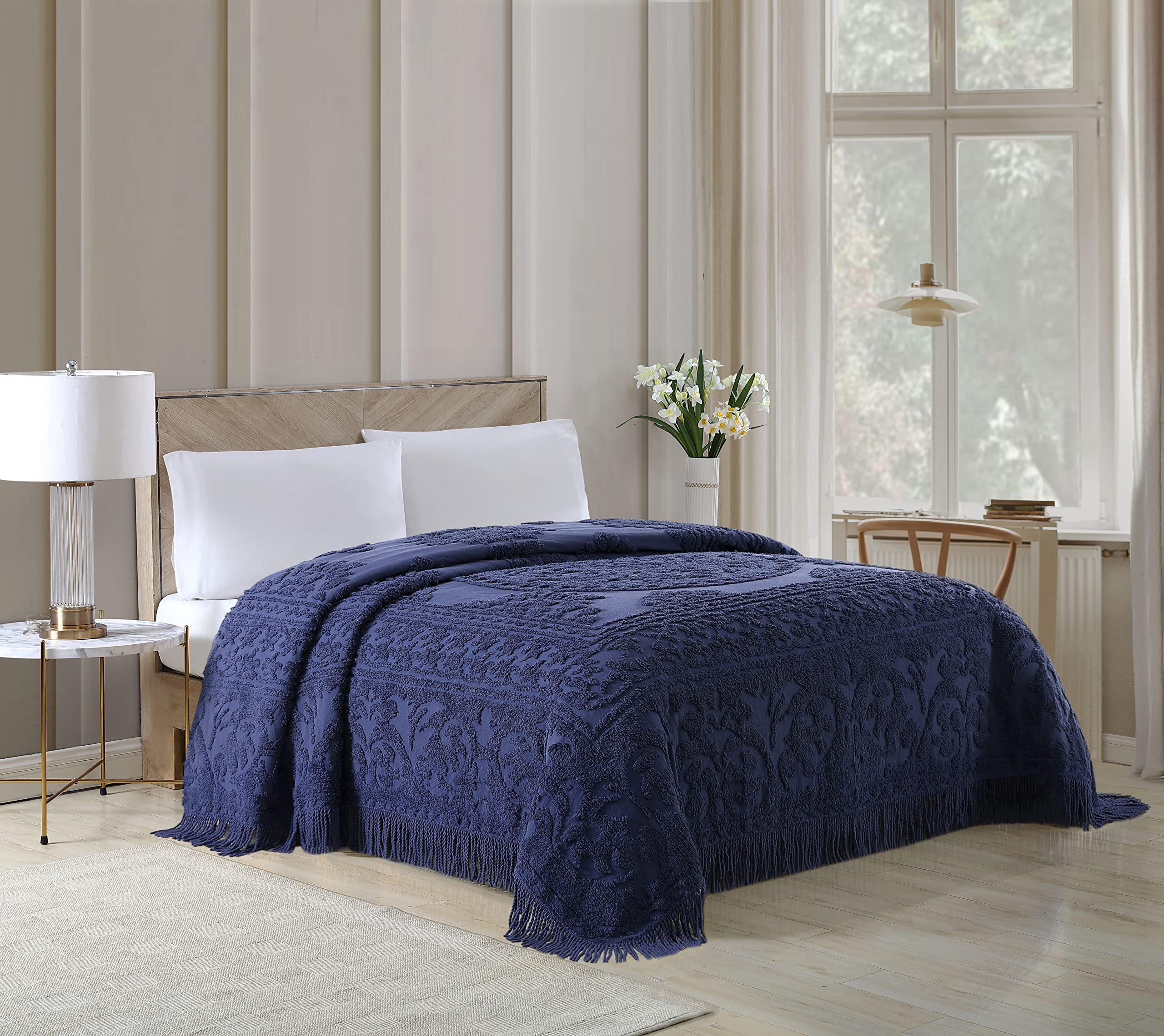 Beatrice Home Fashions Medallion Chenille Bedspread, Queen, Navy