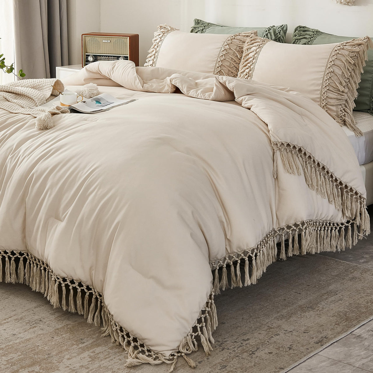 Andency Full Size Comforter Sets Beige, 3 Pieces Boho Bed Comforter Full, Lightweight Tassel Bedding Comforter Set, All Season B