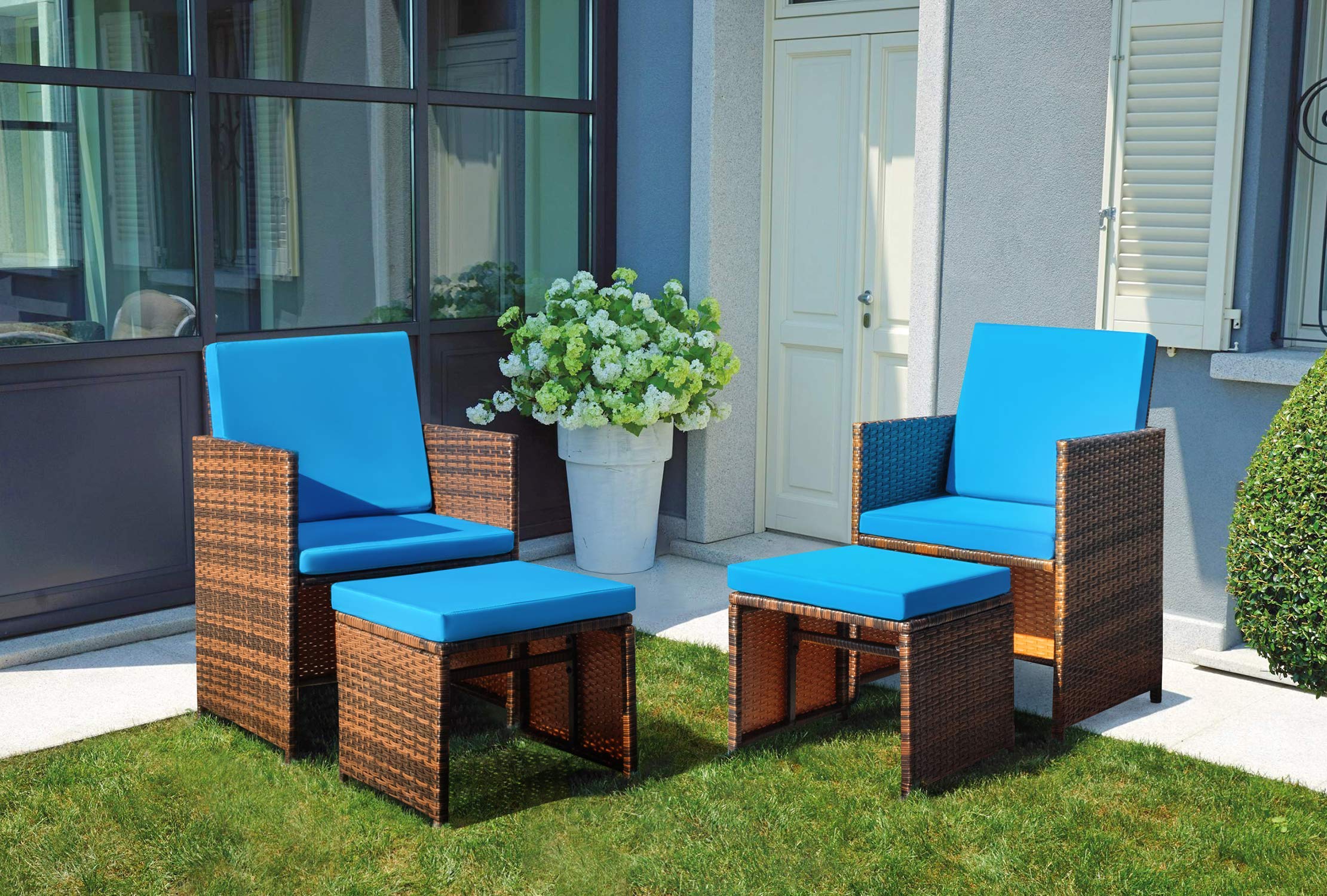 Devoko 9 Pieces Patio Dining Sets Outdoor Space Saving Rattan Chairs With Glass Table Patio Furniture Sets Cushioned Seating And Back Sectional Conversation Set (Blue)