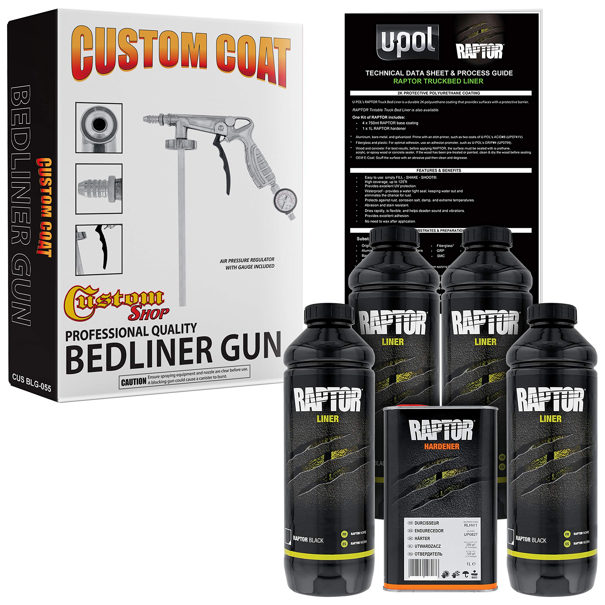 Custom Shop U-Pol Raptor Black Urethane Spray-On Truck Bed Liner Kit W/Free Custom Coat Spray Gun With Regulator, 4 Quarts