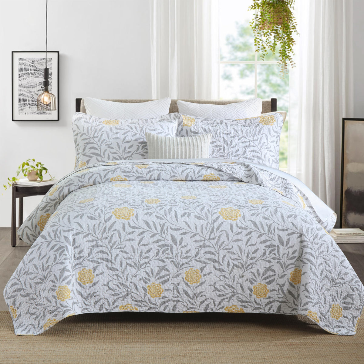 Homzard Floral Queen Comforter Set - 100% Cotton Quilts Queen Size,Yellow Gray White Bedspreads (90 * 98 Inch) With 2 Pillow Sha