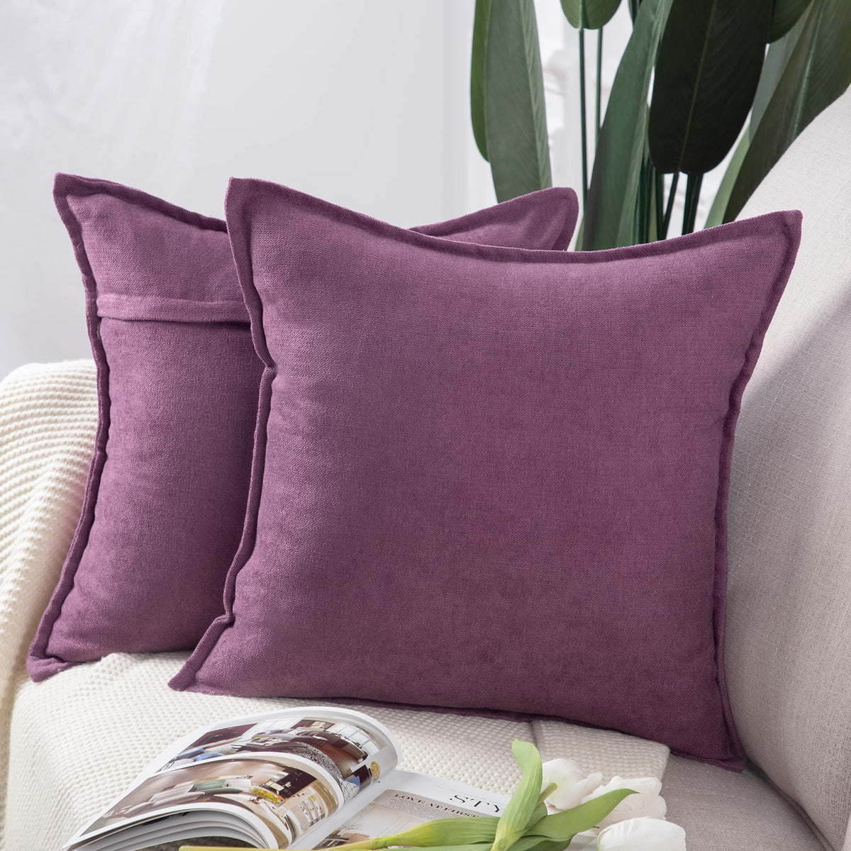 Madizz Set Of 2 Short Chenille Throw Pillow Covers 24X24 Inch Purple Soft Decorative Cushion Cover For Sofa Bedroom Pillow Shell