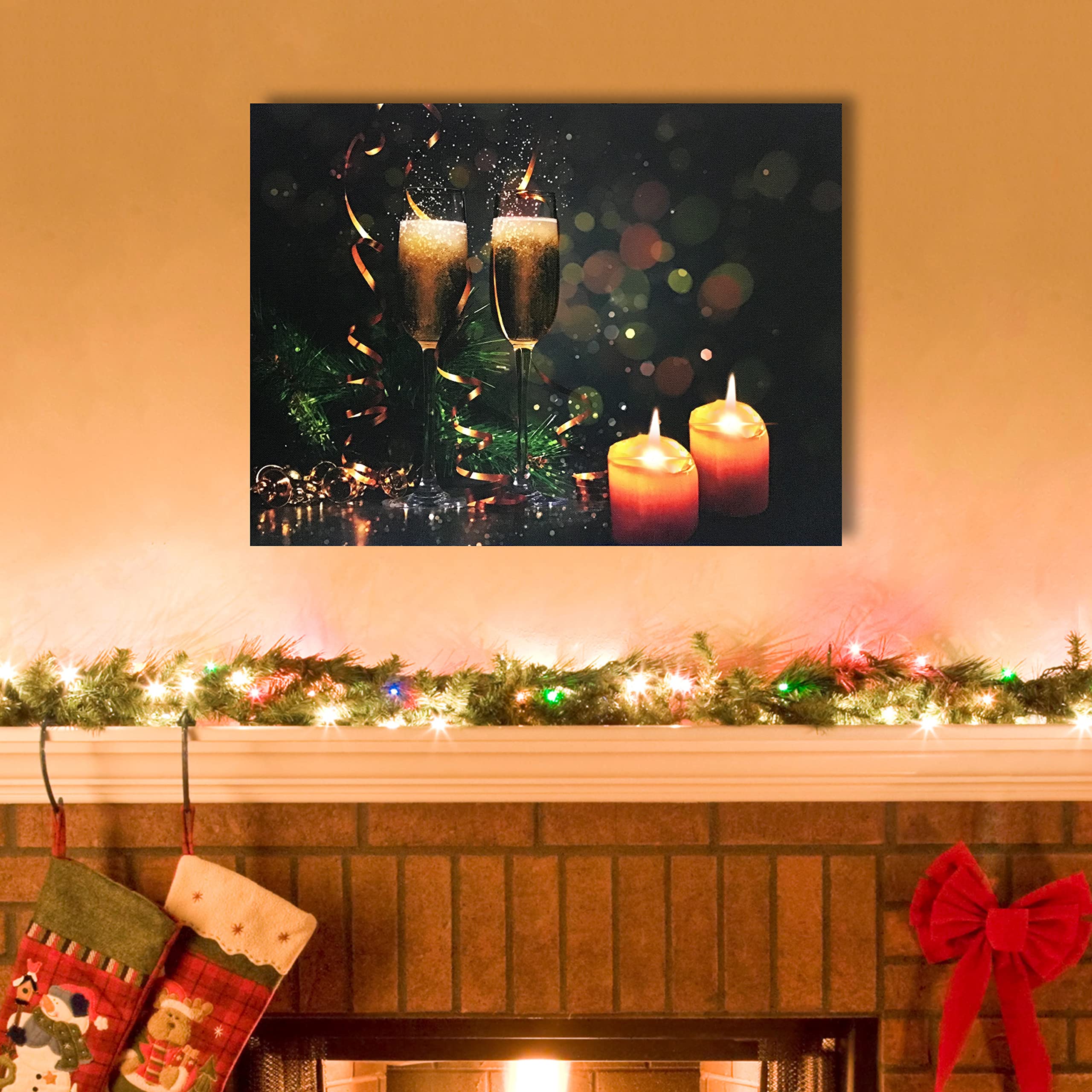 Banberry Designs Lighted Canvas Wine Print - Champagne Glasses And Confetti - Candles Glowing - 12'' H X 16'' L