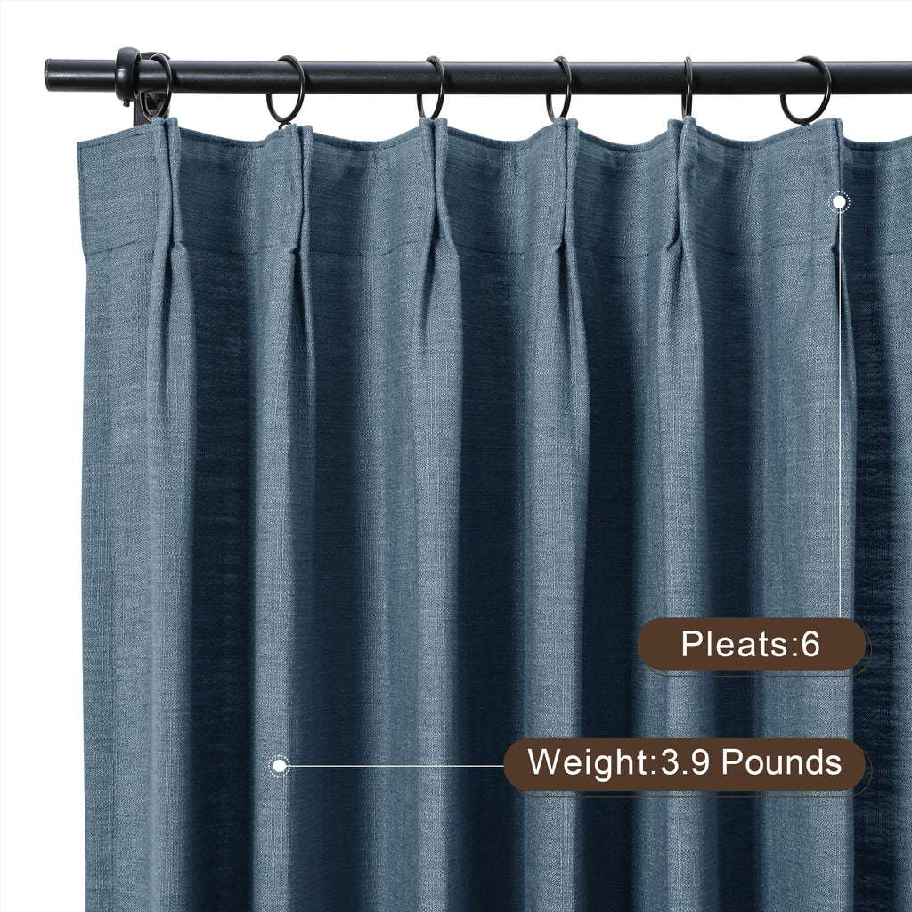 Twopages Double Layer Lined Curtain Aegean Blue Linen Blend Light Filtering Pinch Pleat Curtain For Kitchen, Room Darkening Wind