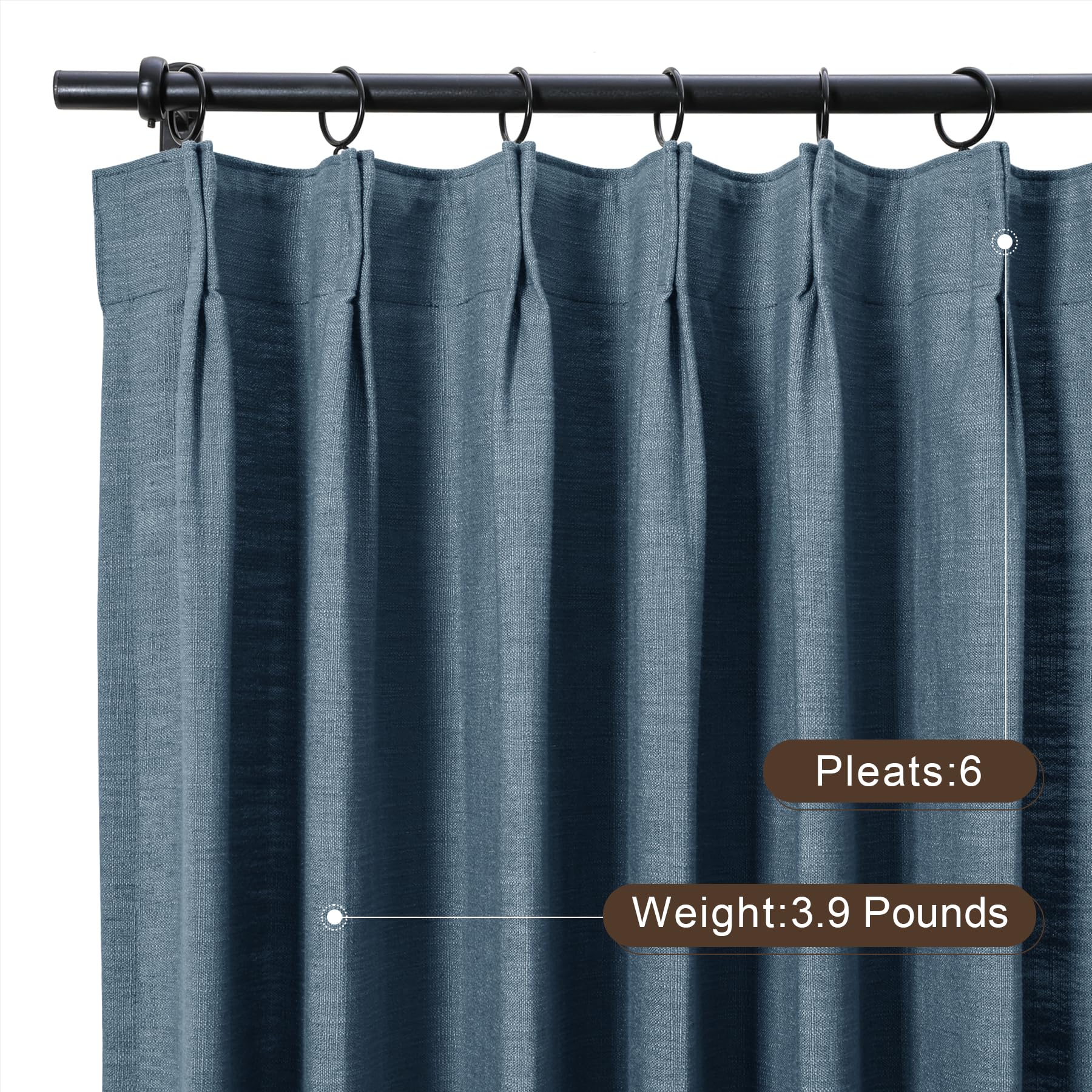 Twopages Double Layer Lined Curtain Aegean Blue Linen Blend Light Filtering Pinch Pleat Curtain For Kitchen, Room Darkening Wind