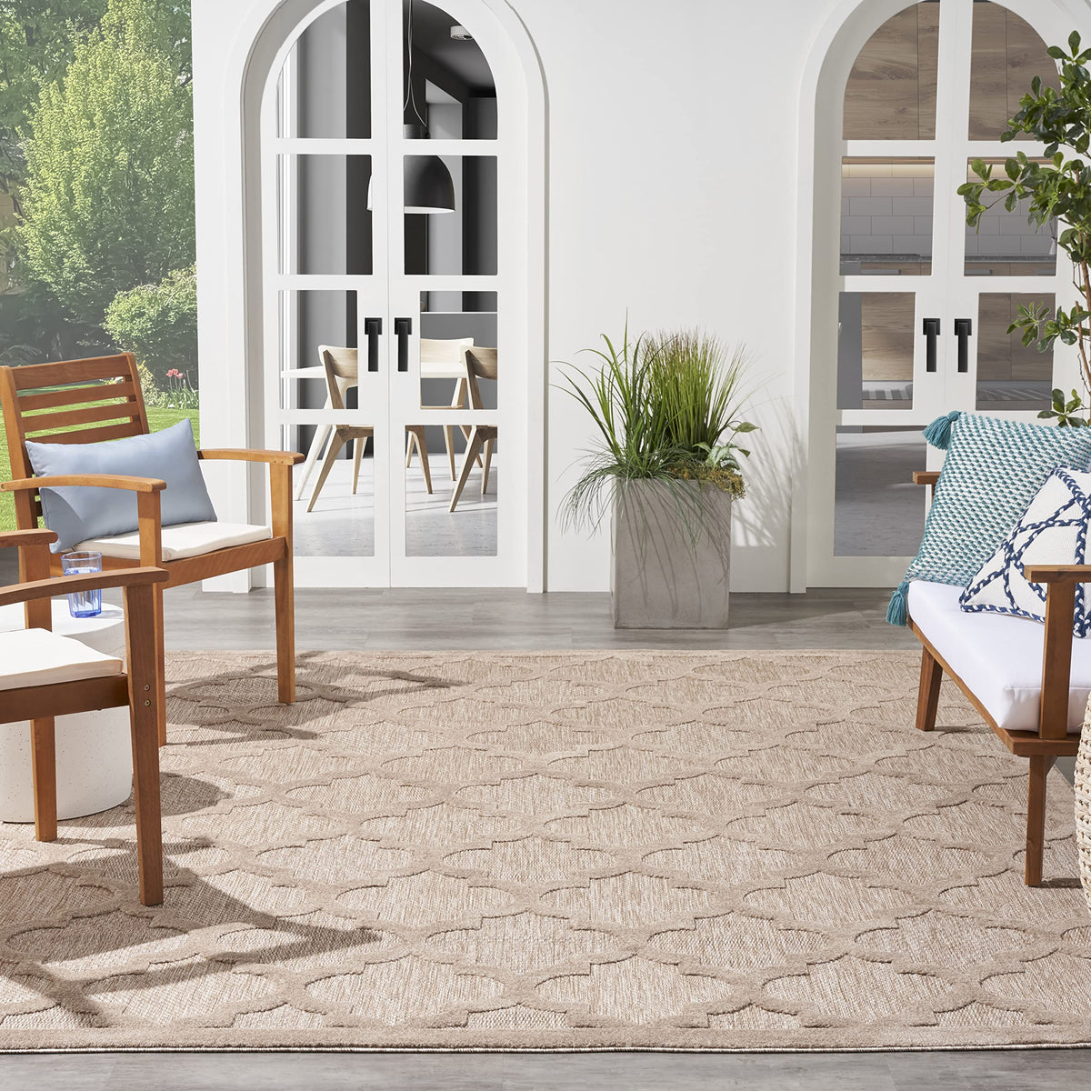 Nourison Easy Care Moroccan Natural Beige 8' X 10' Area Rug, Trellis, Easy Cleaning, Non Shedding, Bed Room, Living Room, Dining