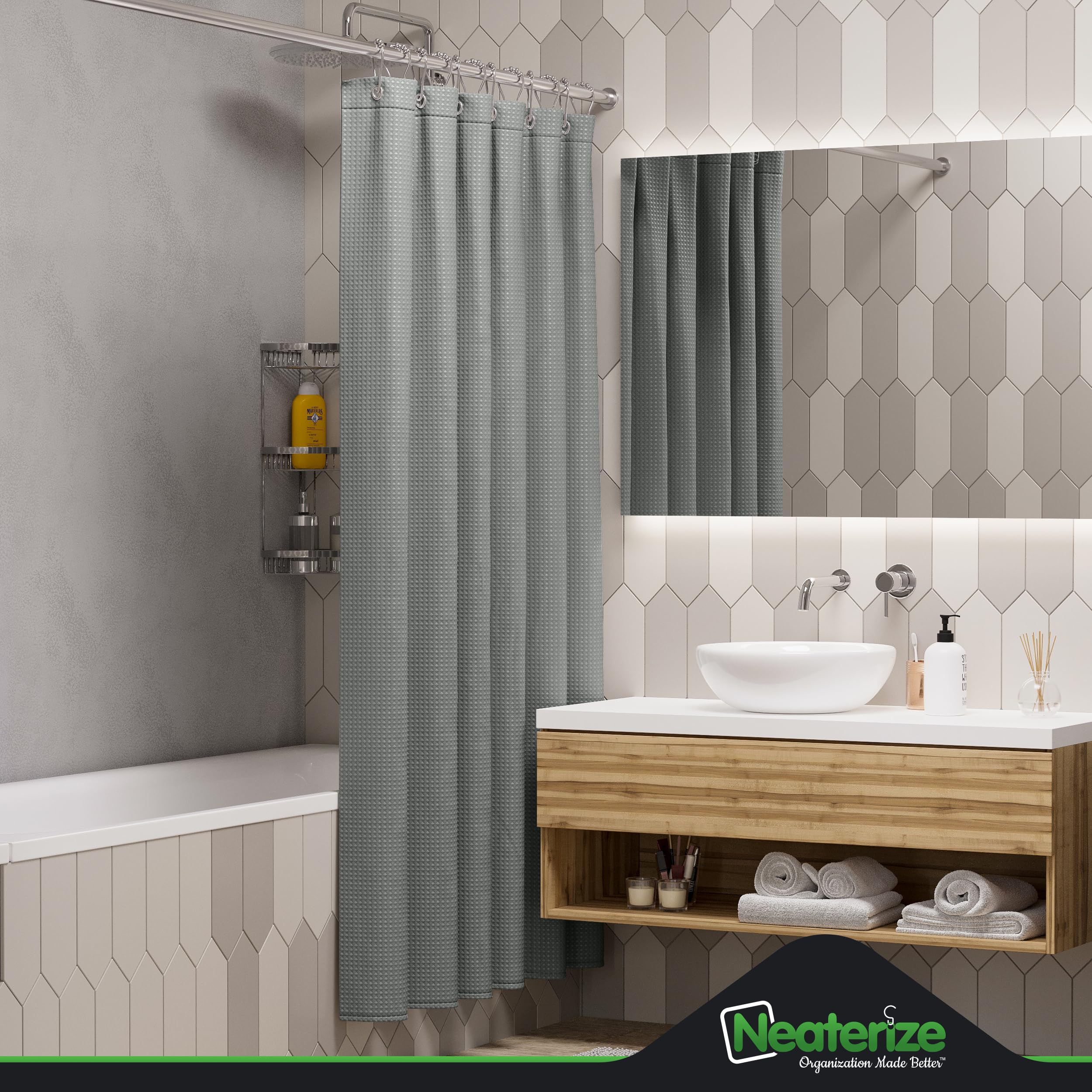 Neaterize Shower Curtain Grey - Hotel Style Grey Shower Curtains For Bathroom With Waffle Design, 72X72 Inches - Fabric Shower C
