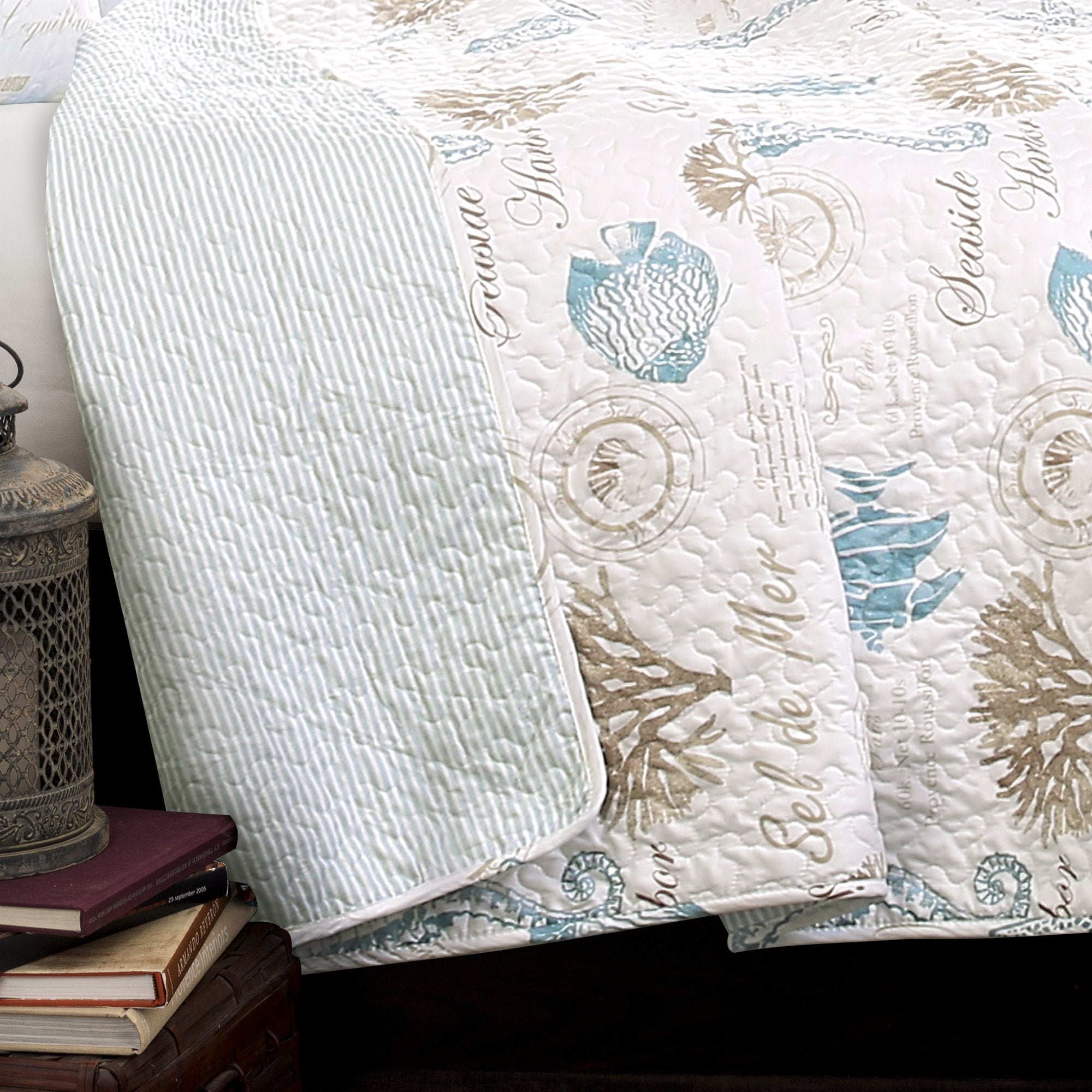 Lush Decor Harbor Life Reversible Quilt Set, 7 Piece Set, King, Blue & Taupe - Striped Nautical Quilt - Sea Life Print - Coastal