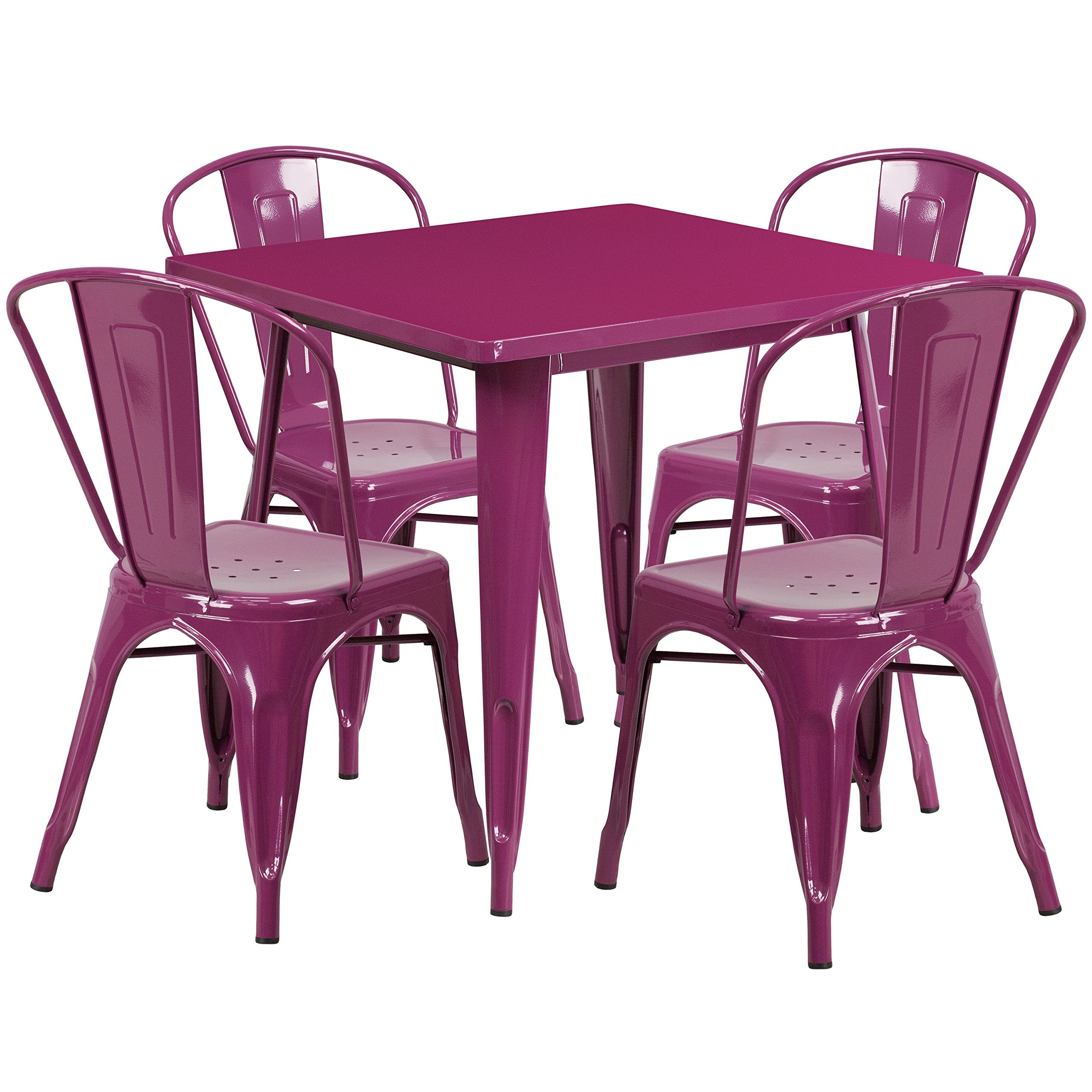 Flash Furniture Commercial Grade 31.5&quot; Square Purple Metal Indoor-Outdoor Table Set With 4 Stack Chairs