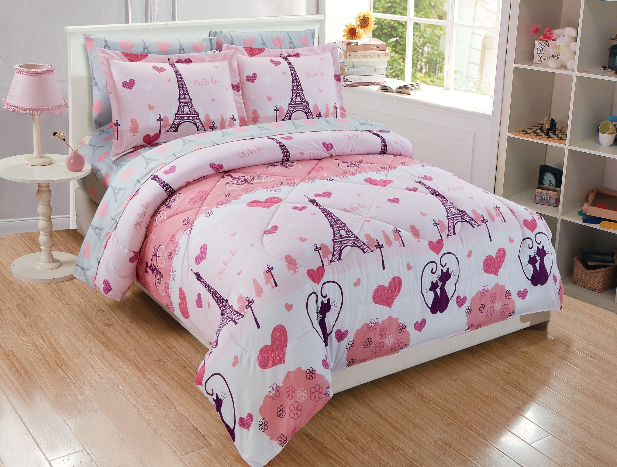Mk Home 5Pc Twin Comforter Set For Girls Paris Bedding Eiffel Tower Pink Grey New