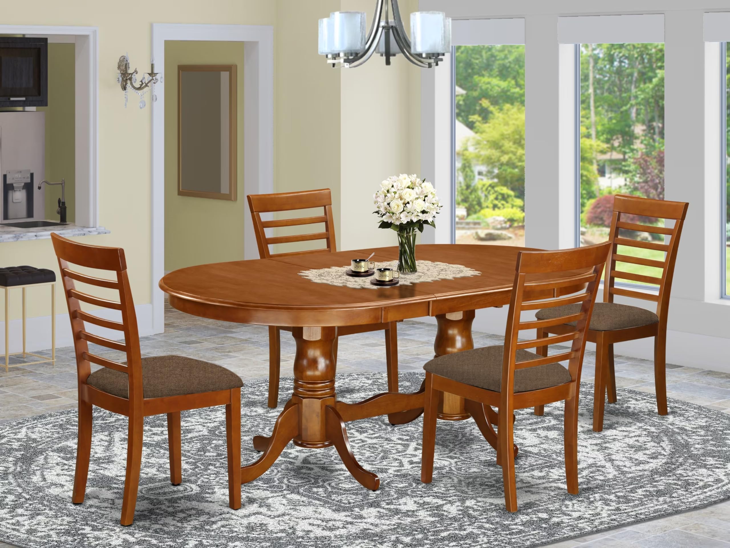 East West Furniture PLML5-SBR-C 5 Piece Dining Set Includes an Oval Dining Room Table with Butterfly Leaf and 4 Linen Fabric Upholstered Kitchen Chairs, 42x78 Inch, Saddle Brown