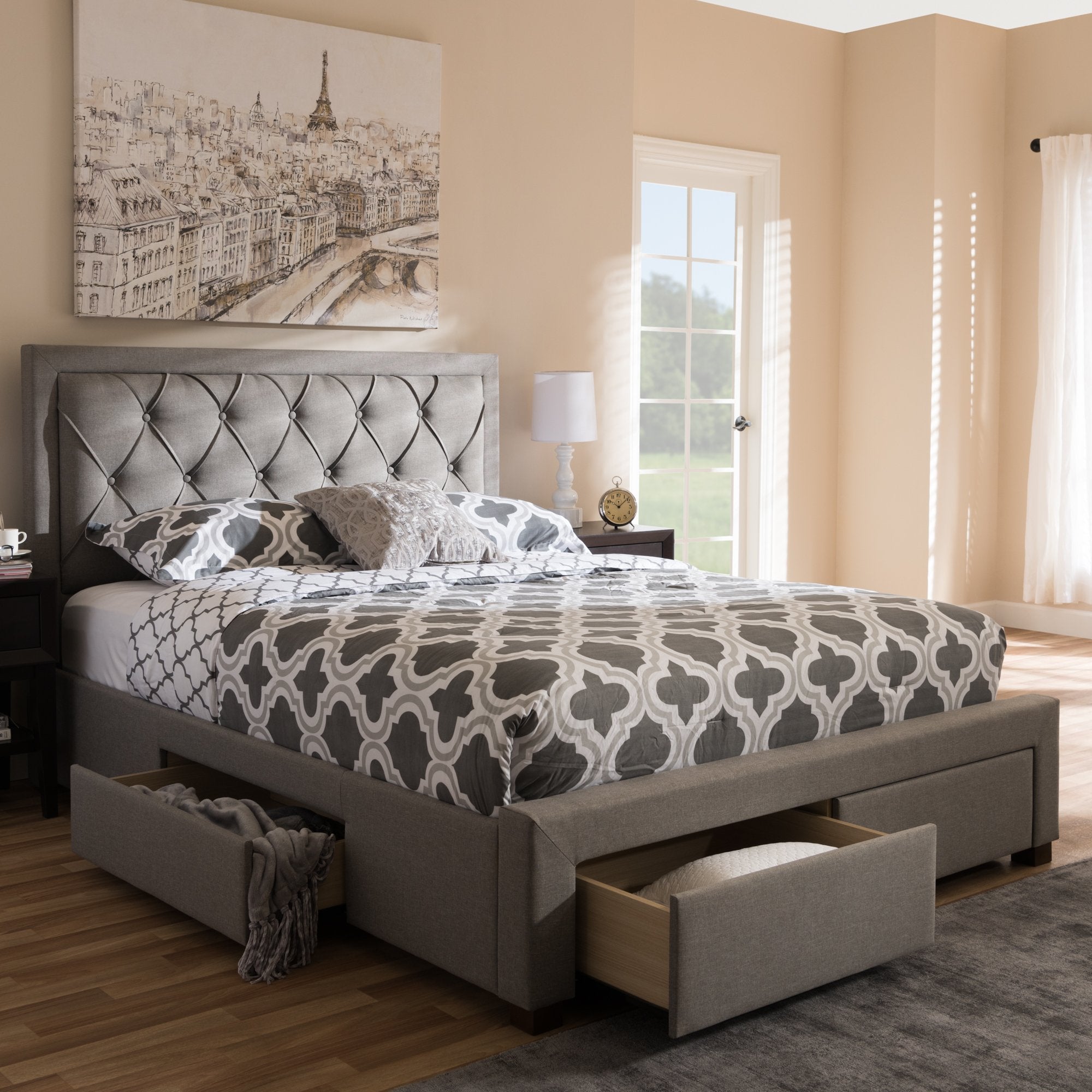 Baxton Studio Aurelie Modern And Contemporary Light Grey Fabric Upholstered Queen Size Storage Bed Grey/Queen//Contemporary/Fabric Polyester 100%&quot;/Rubber Wood/Mdf/Foam