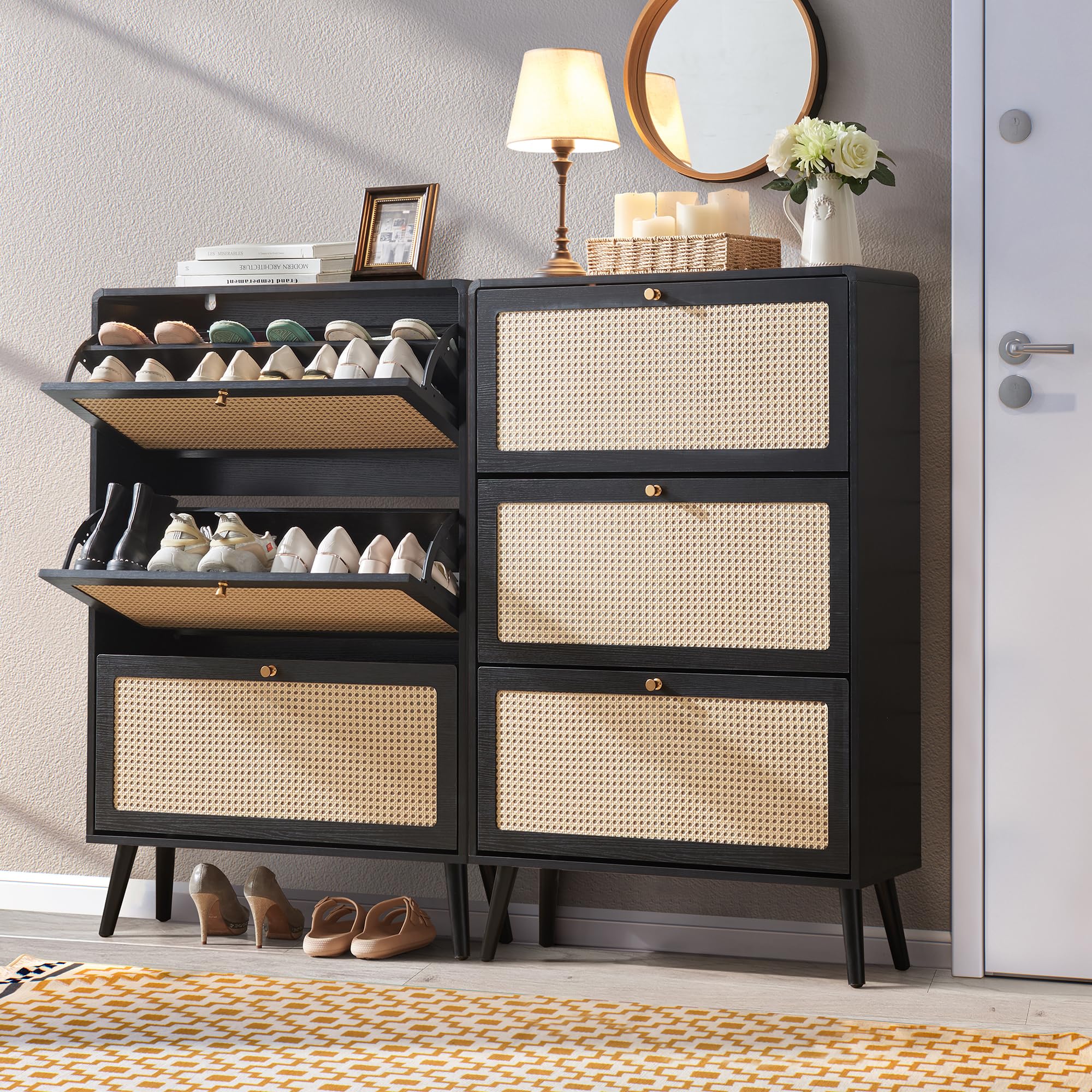 Anewome Rattan Shoe Cabinet with 3 Flip Drawers Set of 2, 48 Pairs Shoe Storage Cabinet for Entryway Freestanding Hidden Shoe Ra