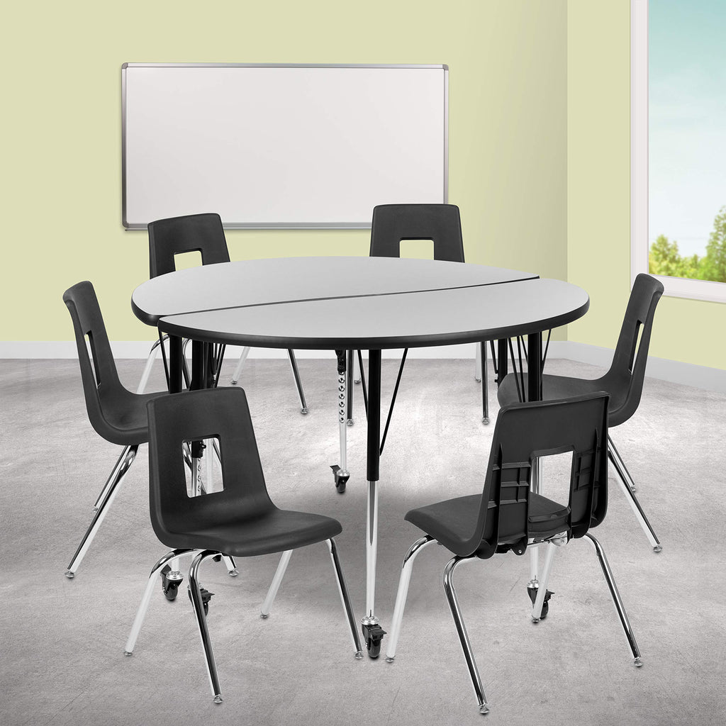 Flash Furniture Emmy Mobile 47.5" Circle Wave Flexible Laminate Activity Table Set with 18" Student Stack Chairs, Grey/Black
