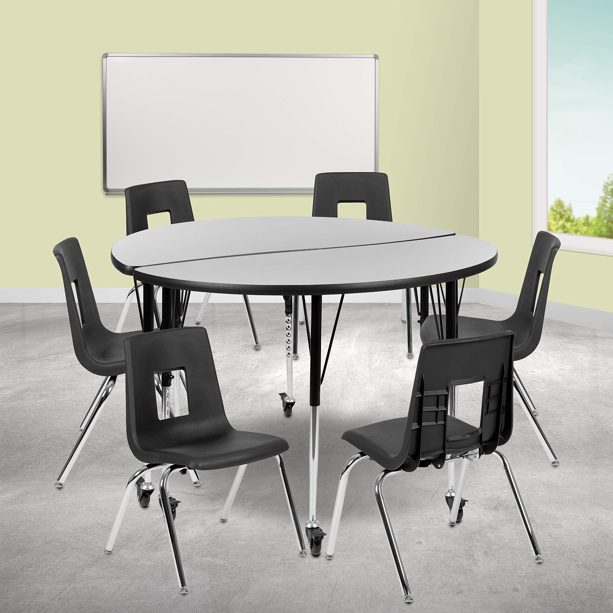 Flash Furniture Emmy Mobile 47.5" Circle Wave Flexible Laminate Activity Table Set with 18" Student Stack Chairs, Grey/Black