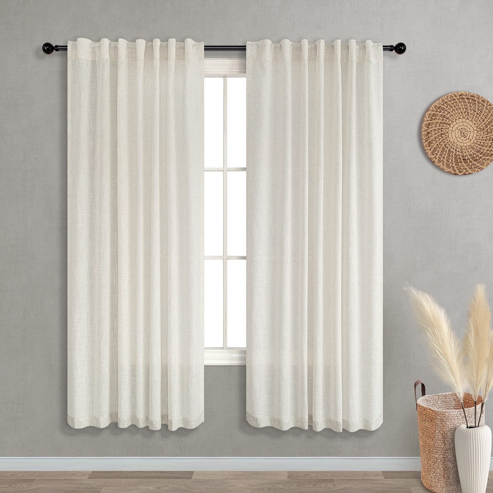 KOUFALL Linen Sheer Curtains 63 Inch Length for Living Room,2 Panel Set Semi Sheer Light Filtering Window Curtains Drapes 63 Inc