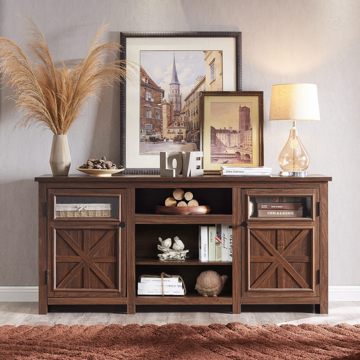 Jxqtlingmu Farmhouse Tv Stand For 75 Inch Tv, Entertainment Center With Storage, Modern Tv Cabinet With Barn Doors, 66' Rustic Tv Console For Living Room, Adjustable Shelf - Brown