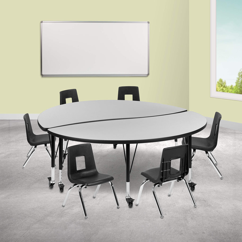Flash Furniture Emmy Mobile 60" Circle Wave Flexible Laminate Activity Table Set with 12" Student Stack Chairs, Grey/Black