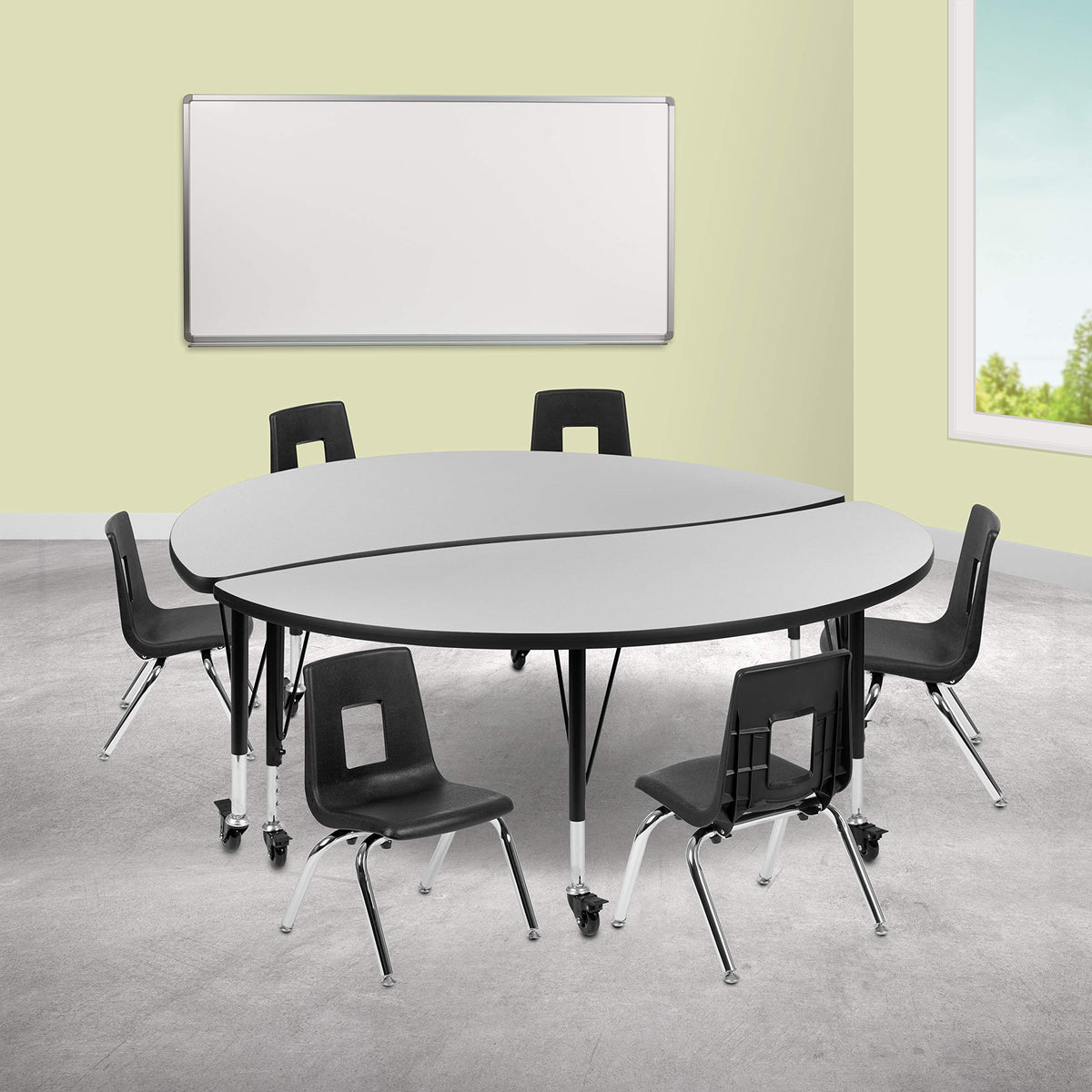 Flash Furniture Emmy Mobile 60&quot; Circle Wave Flexible Laminate Activity Table Set with 12&quot; Student Stack Chairs, Grey/Black