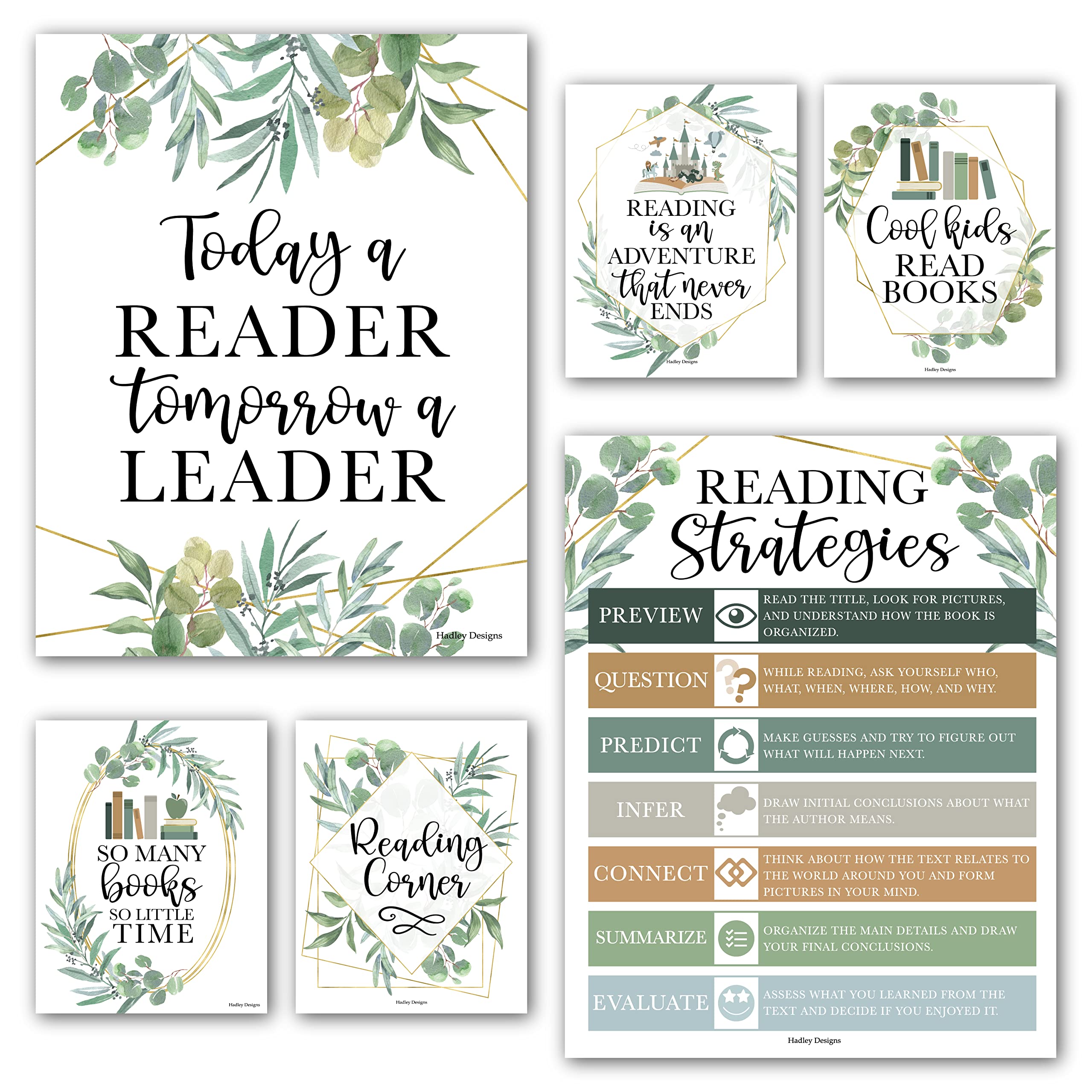 Hadley Designs 6 Greenery Reading Posters For Classroom Library Decorations For School - Reading Posters For Elementary School,