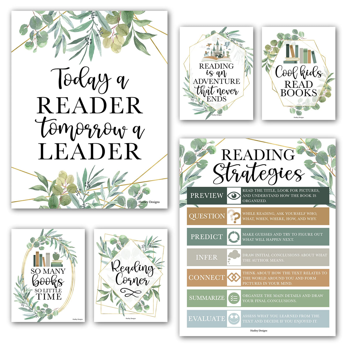 Hadley Designs 6 Greenery Reading Posters For Classroom Library Decorations For School - Reading Posters For Elementary School,