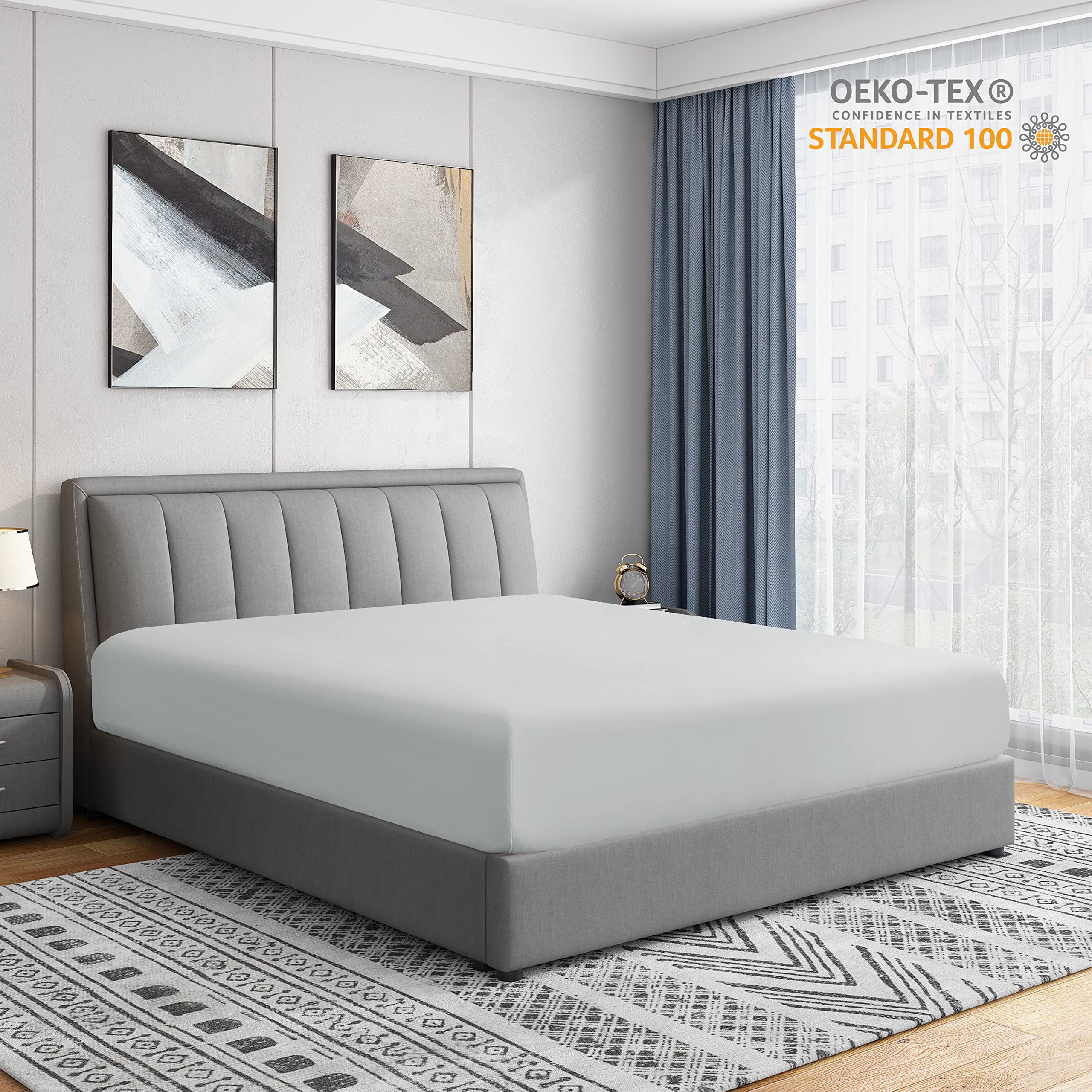 Cathay Home Full Fitted Sheet - Double Brushed Ultra Soft – Wrinkle & Fade Resistant - 14' Standard Pocket Fitted Sheet Only - Good Fit For 12'-16' Deep Mattress (Full, Light Gray)