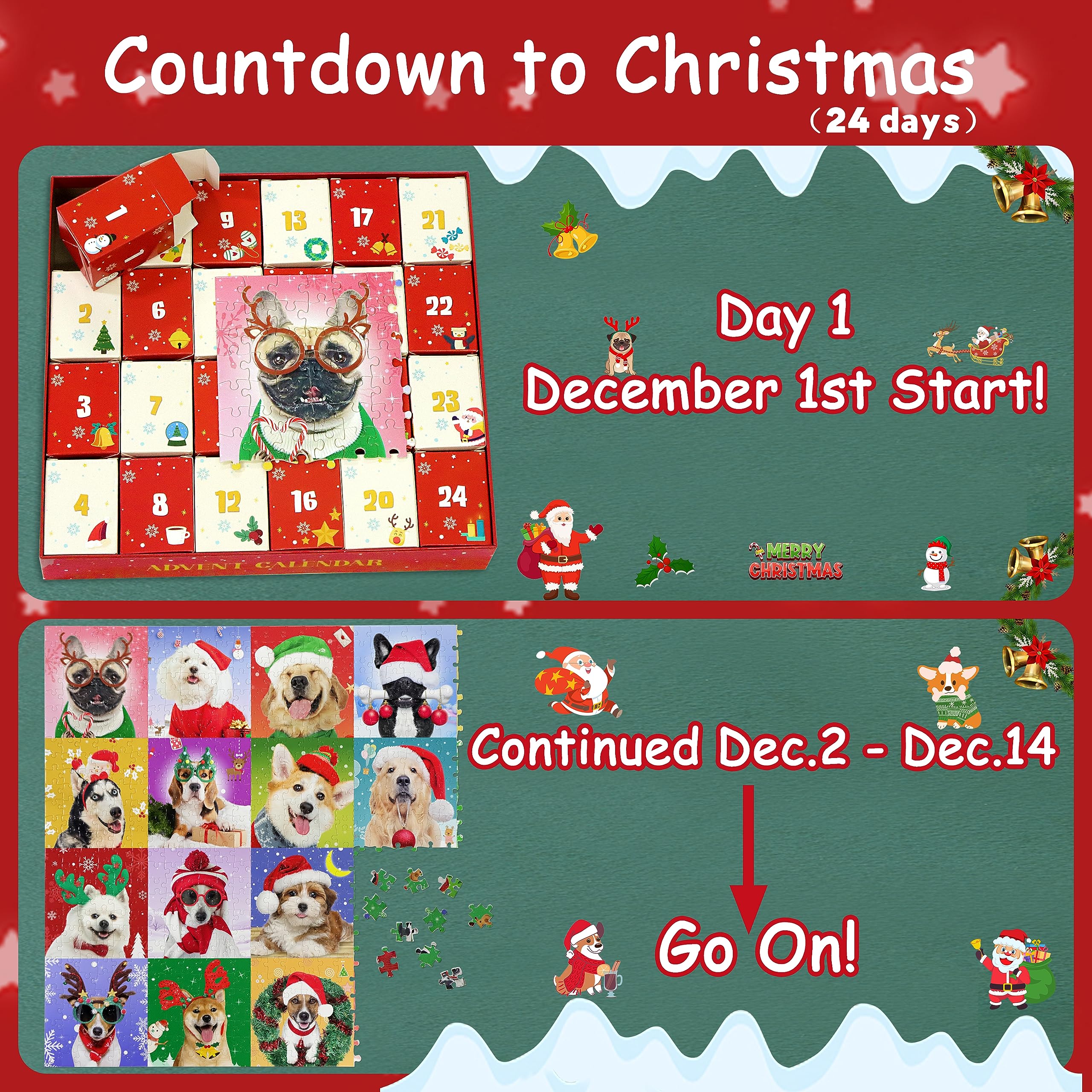 Advent Calendar 2024 Jigsaw Puzzles-Christmas Dogs, 24 Boxes 1008 Pieces Puzzles Countdown To Christmas, Christmas Gifts Stockin