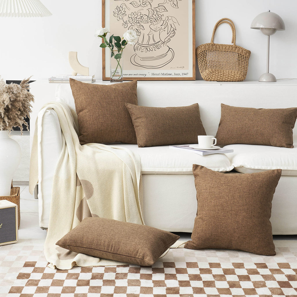 Home Brilliant Brown Throw Pillows For Couch Set Of 2 Lined Linen Throw Pillow Covers For Bench Sofa, 22X22 Inches, 55 Cm