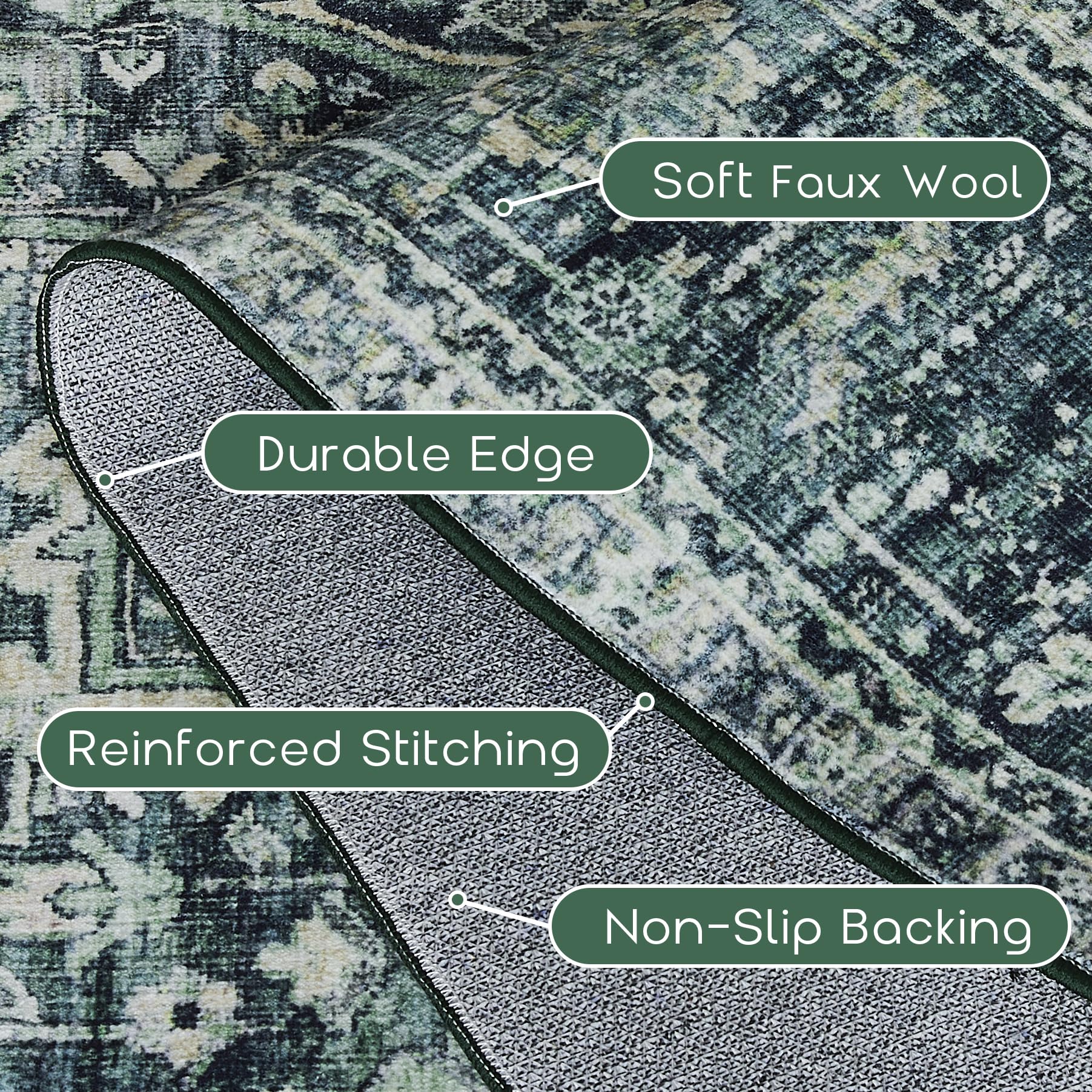 Bileehome Dark Emerald Green Rug For Living Room,Vintage Floral Waterproof Non Slip Cool Area Rugs For Men Office Hardwood Floor