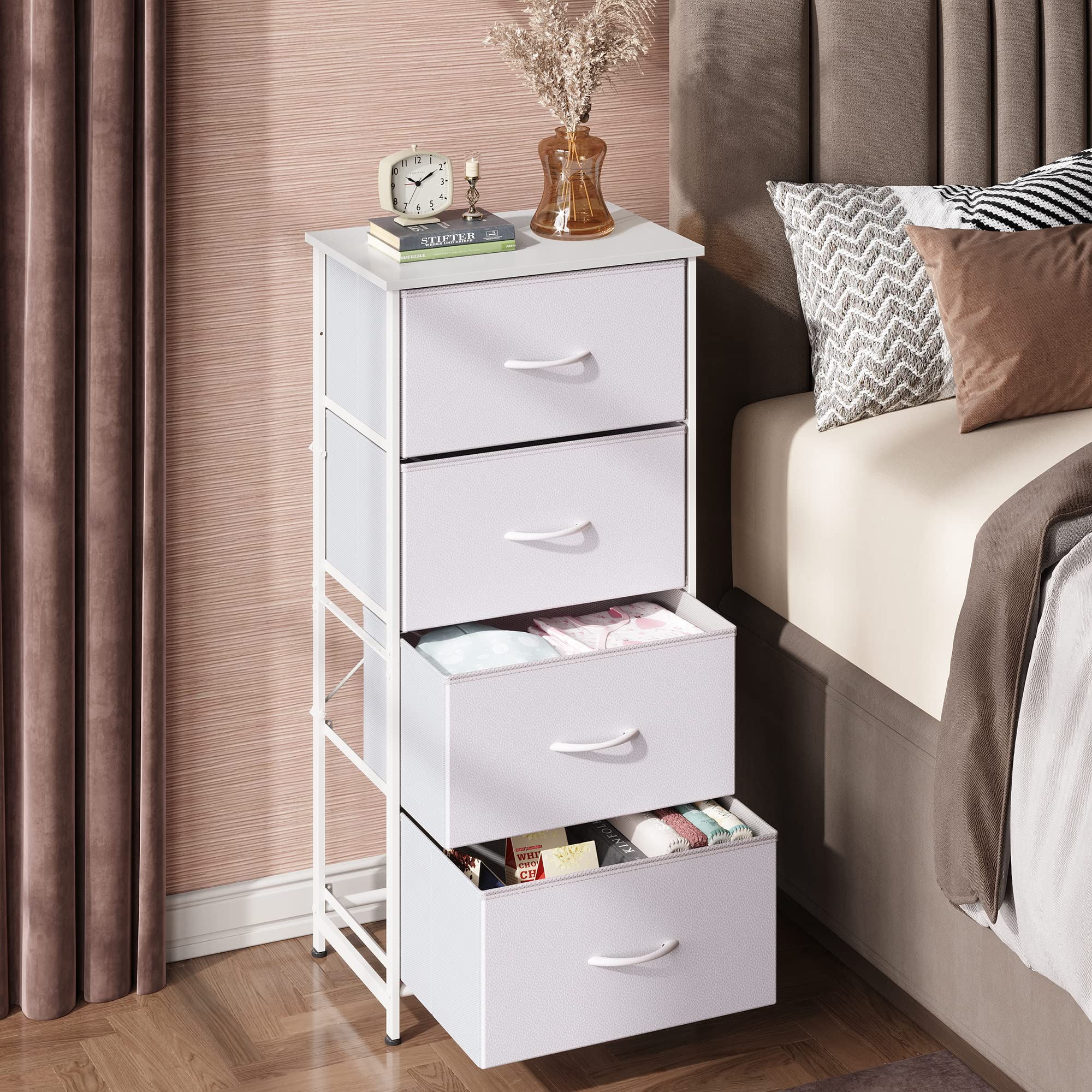 Wlive Dresser With 4 Drawers, Storage Tower, Organizer Unit, Fabric Dresser For Bedroom, Hallway, Entryway, Closets, Sturdy Steel Frame, Wood Top, Easy Pull Handle, White