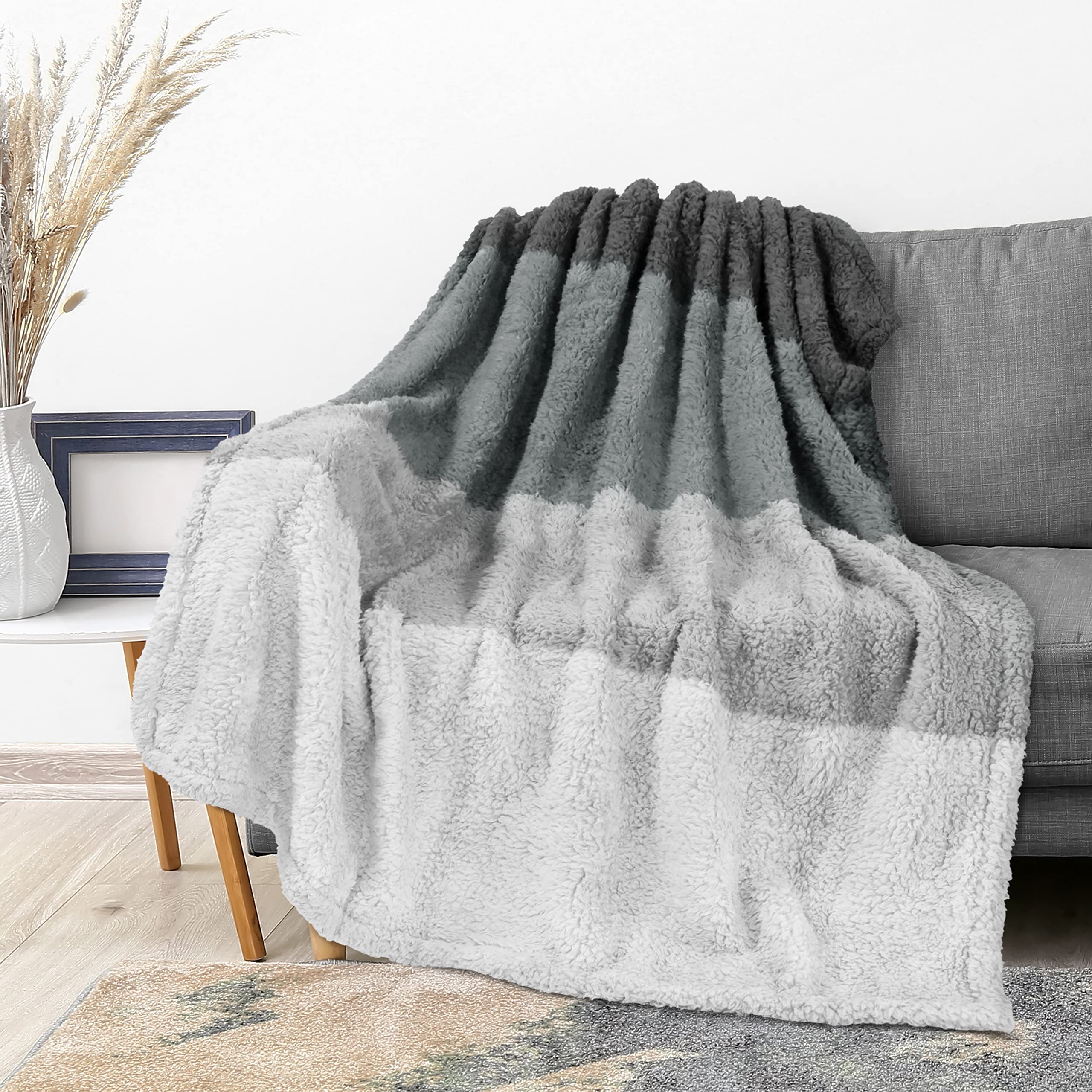 Pavilia Sherpa Ombre Throw Blanket For Couch | Fuzzy Plush Cozy Microfiber Fleece Couch Blanket | Gradient Decorative Accent Thr