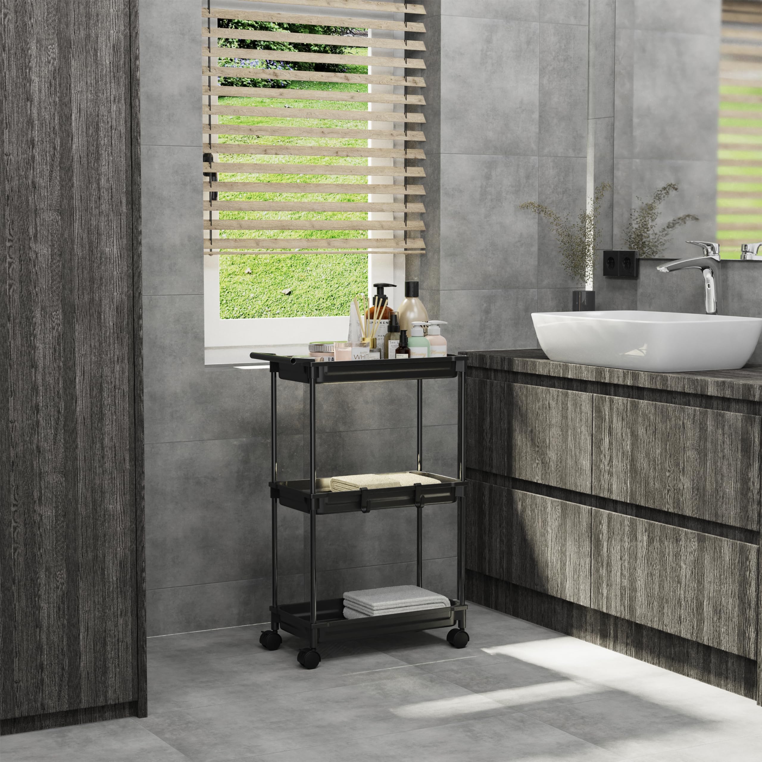 Simple Houseware Standard 3-Tier Slim Rolling Storage Cart, Black