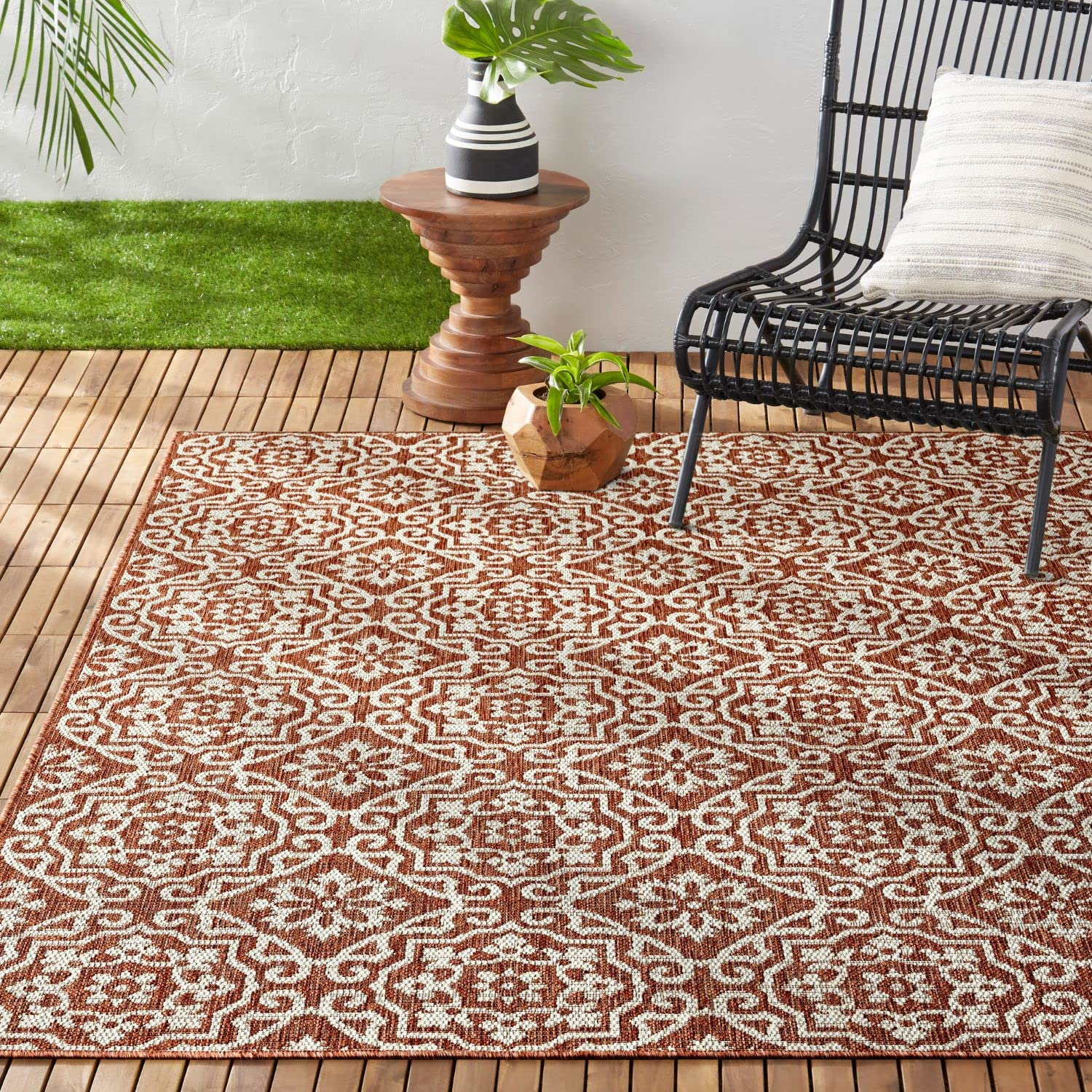 Nicole Miller New York Patio Country Danica Transitional Geometric Indoor/Outdoor Area Rug, Terracotta/Ivory , 7'9'X10'2'