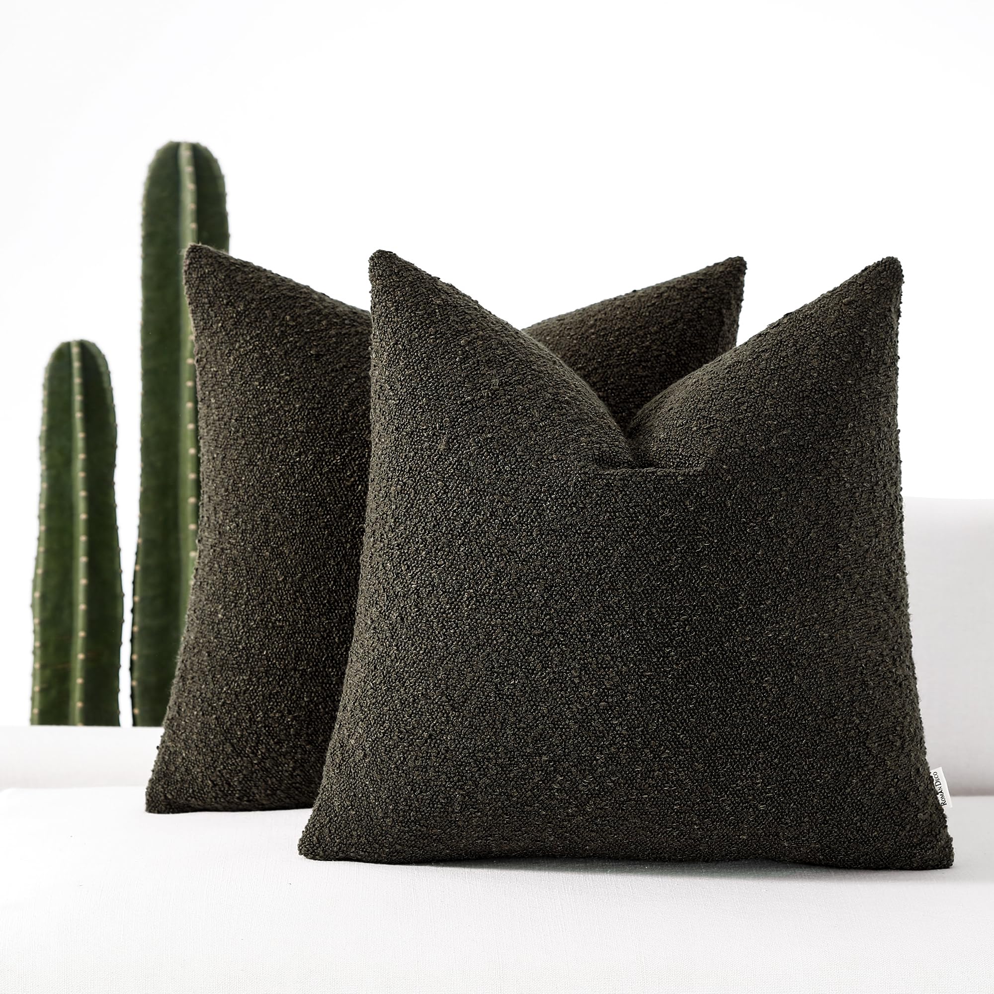 Romandeco Boucle Decorative Throw Pillow Covers For Couch Set Of 2, 24X24 Inches, Dark Coffee
