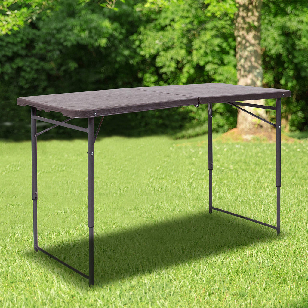 Flash Furniture Mills 4-Foot Height Adjustable Bi-Fold Brown Wood Grain Plastic Folding Table With Carrying Handle