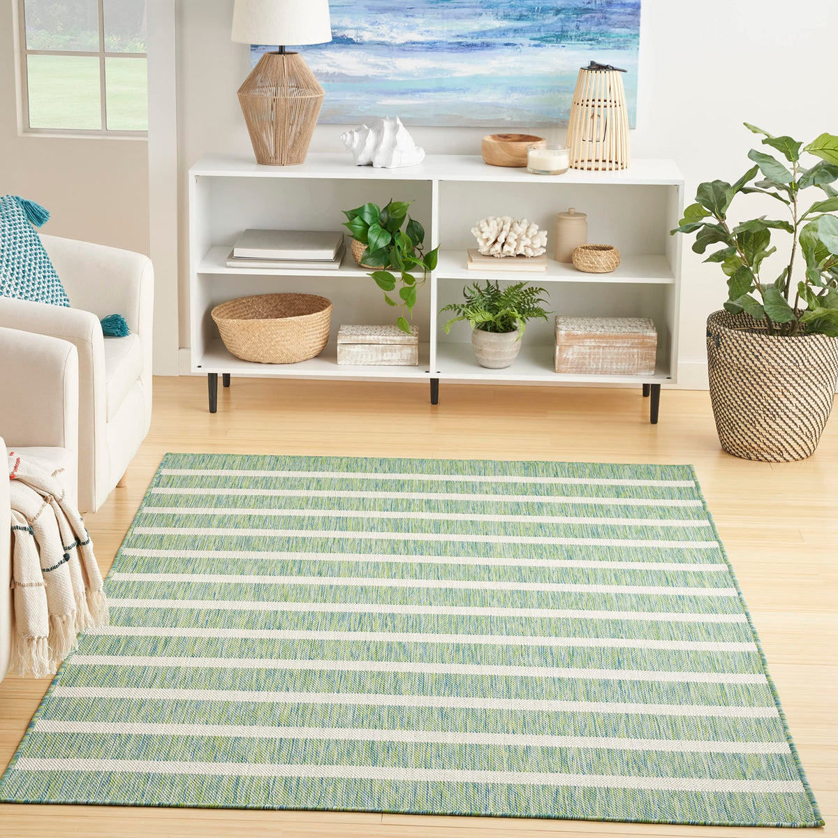 Nourison Positano Indoor/Outdoor Blue Green Ivory 6' X 9' Area Rug, Easy Cleaning, Non Shedding, Bed Room, Living Room, Dining R