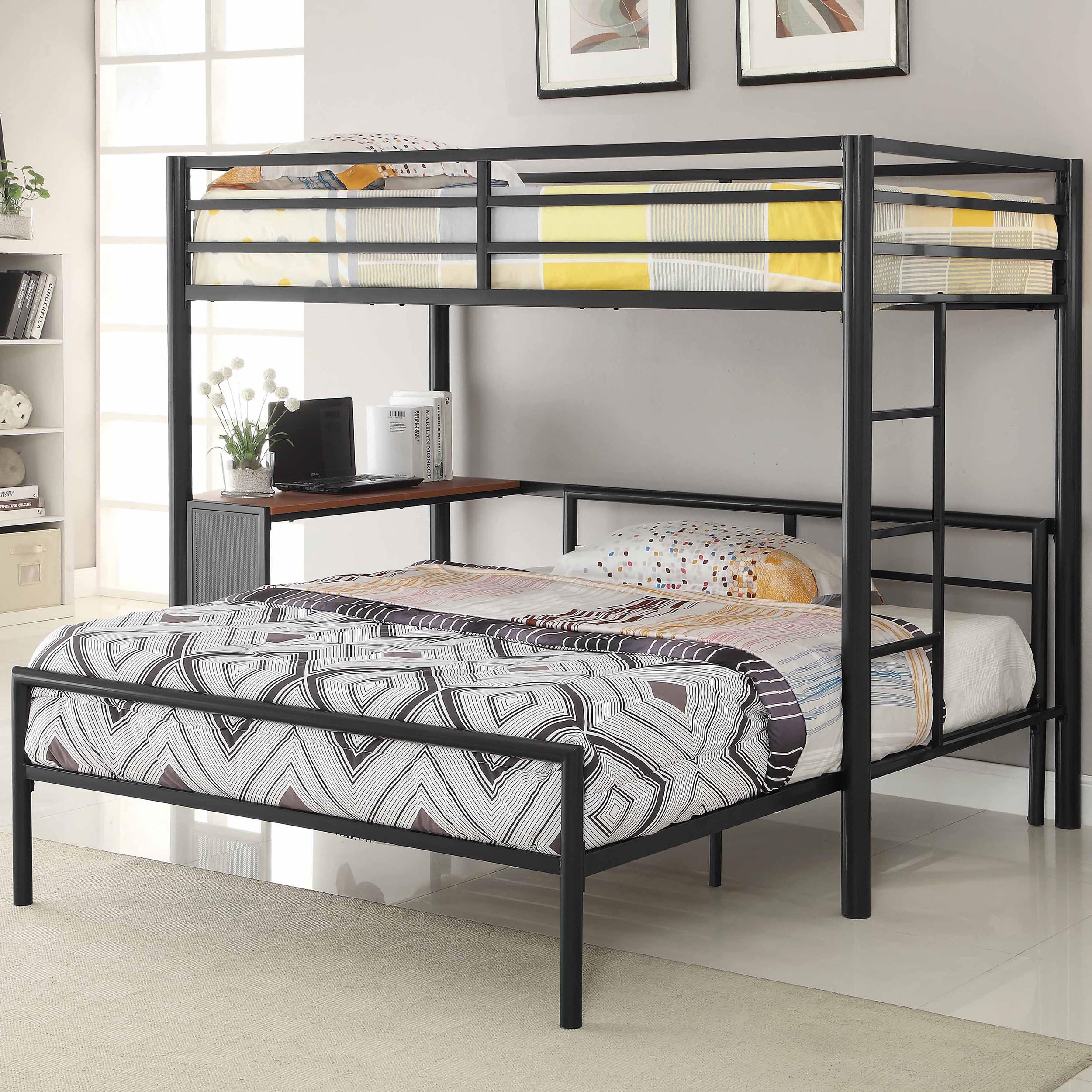 Coaster Home Furnishings Fisher Contemporary Metal Twin Over Full Size Loft Bed Set Frame with Ladder and Guardrails Fully Slatted Mattress Ready Foundation Gunmetal 460229-S2F
