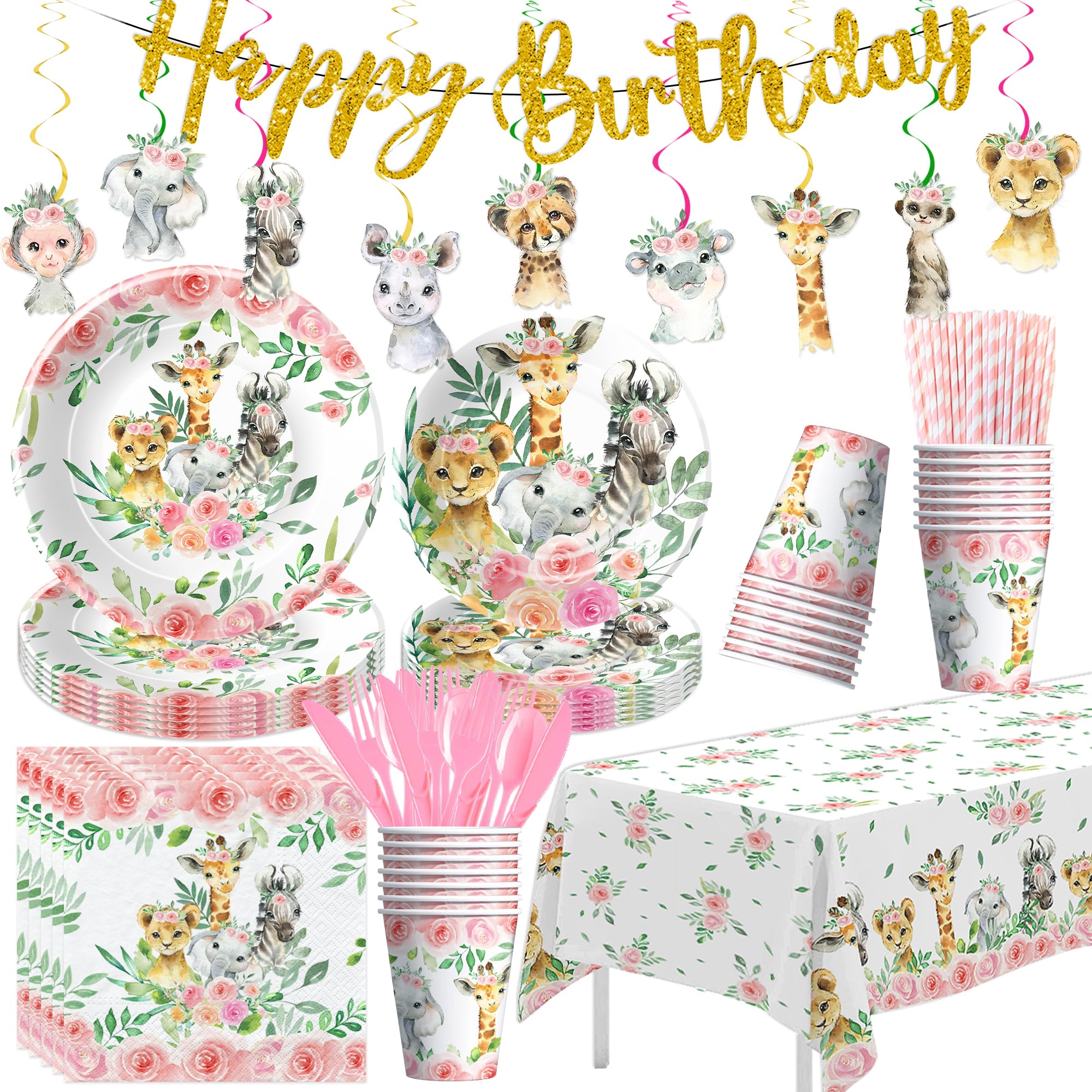 Srua Don Safari Birthday Decorations Girl, Jungle Animal Party Supplies, Paper Plate, Napkin, Cup, Tablecloth, Banner, Swirls, S