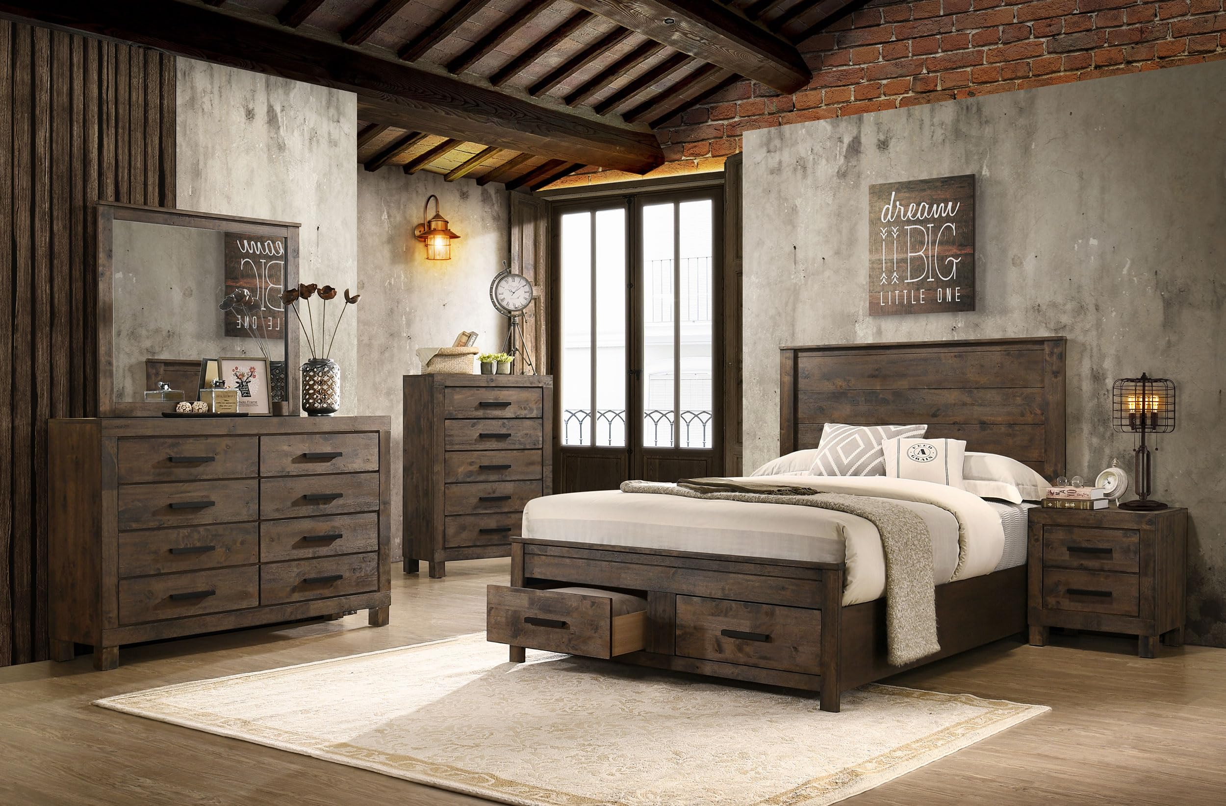 Coaster Home Furnishings Woodmont Farmhouse 5-Piece Bedroom Set Queen Size Storage Panel Bed Frame 54-inch Headboard Rustic Golden Brown 222631Q-S5