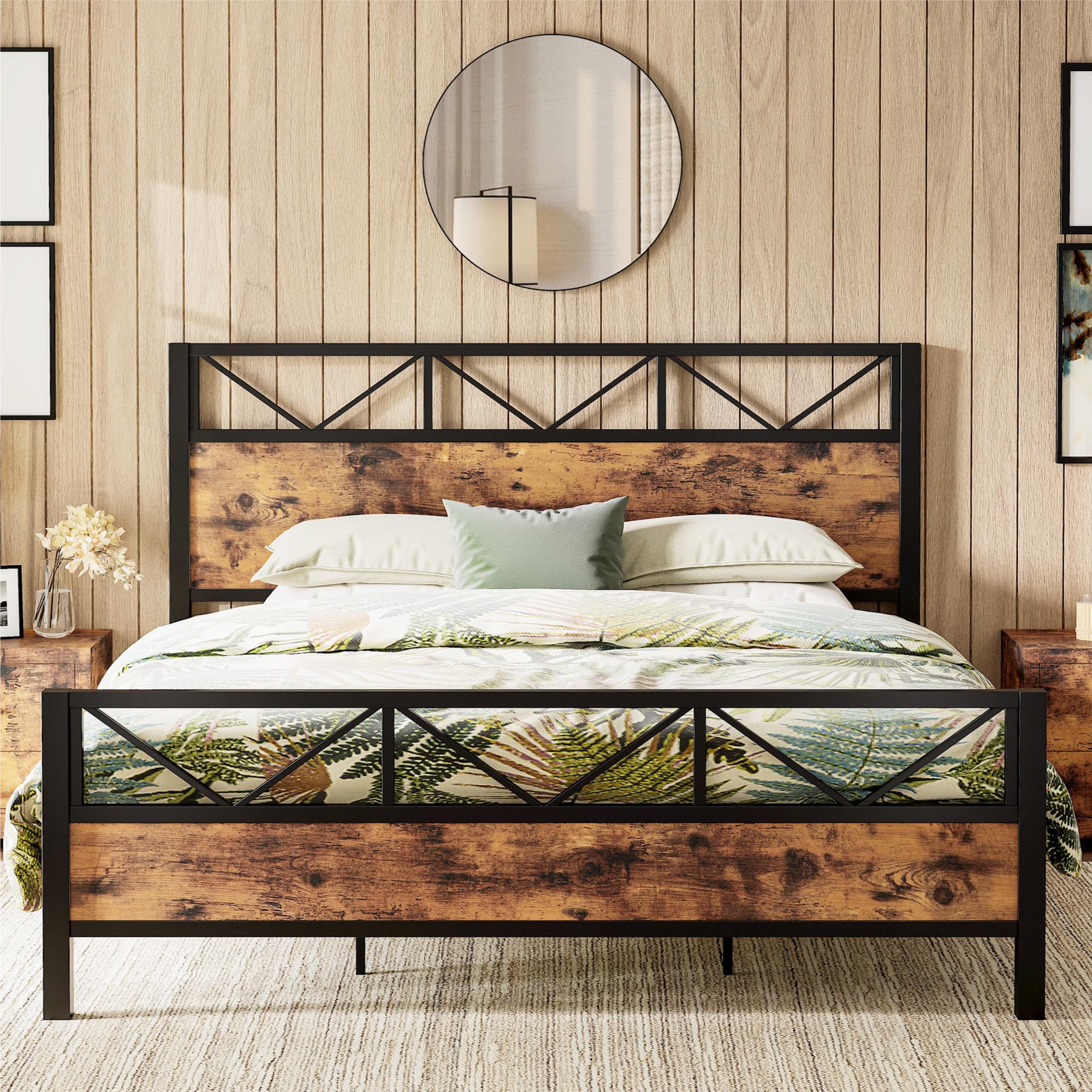 LIKIMIO California King Bed Frame, Tall Industrial Headboard 51.2 , Platform Bed Frame with Strong Metal Support, Solid and Stab