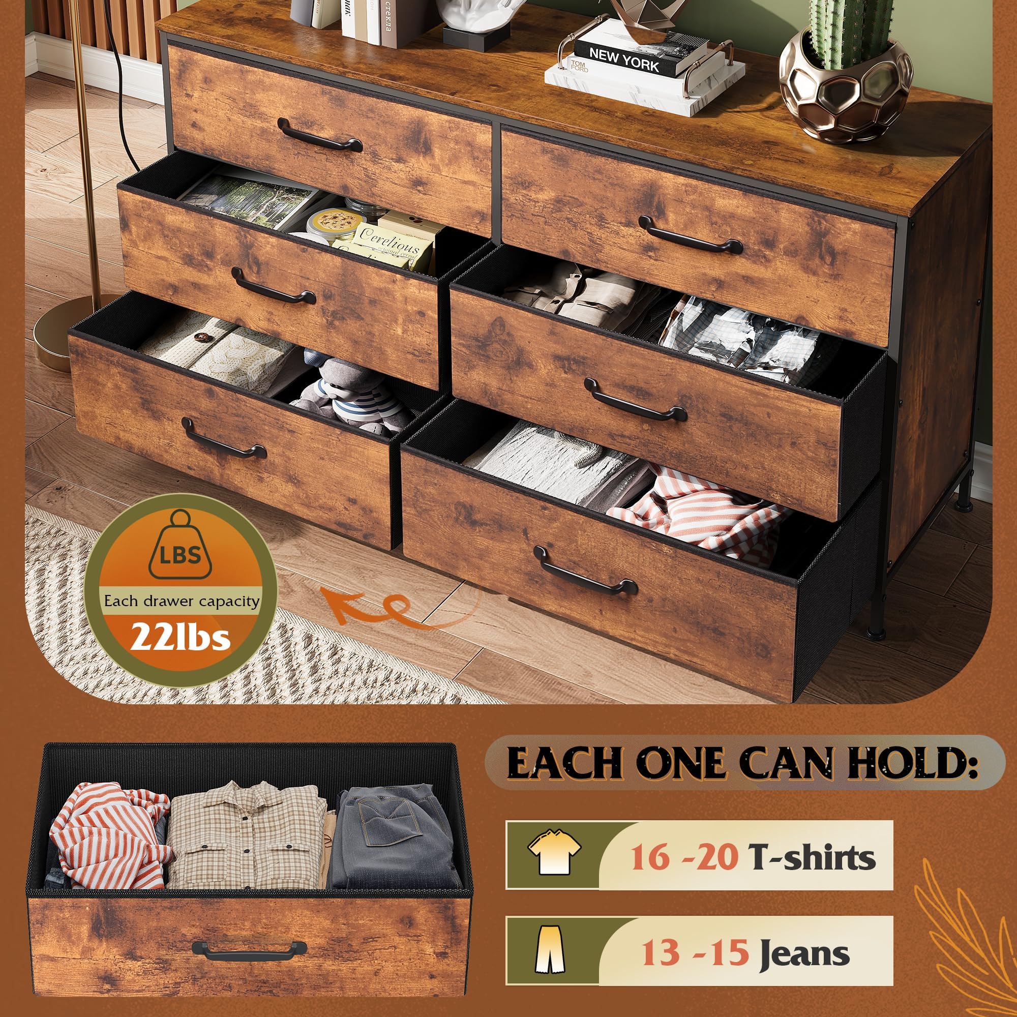 Wlive 6 Drawer Dresser For Bedroom, Wide Fabric Dresser Tv Stand For 60' Tv, Large Storage Tower Unit With Fabric Bins For Bedroom, Closet, Hallway, Rustic Brown