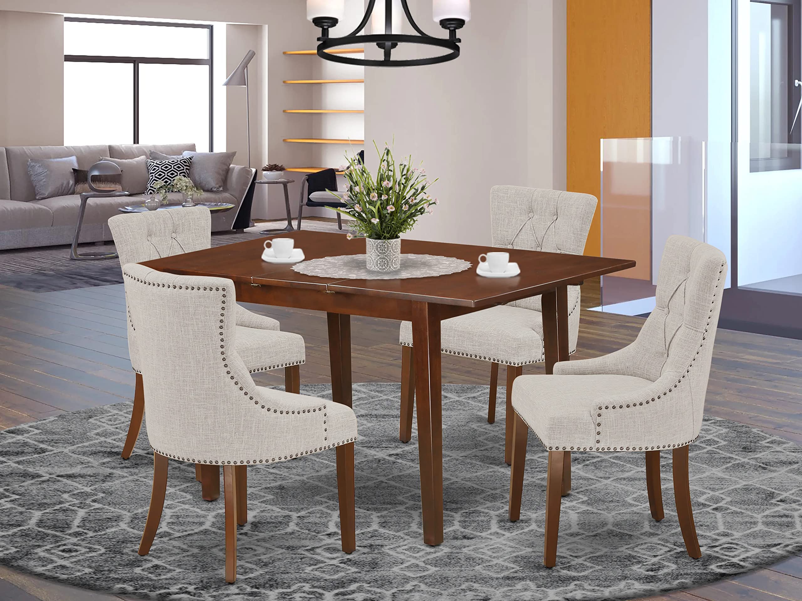 East West Furniture Nofr5-Mah-05 5Pc Dining Set Includes A Rectangle Dinette Table With Butterfly Leaf And Four Parson Chairs With Doeskin Fabric, Mahogany Finish