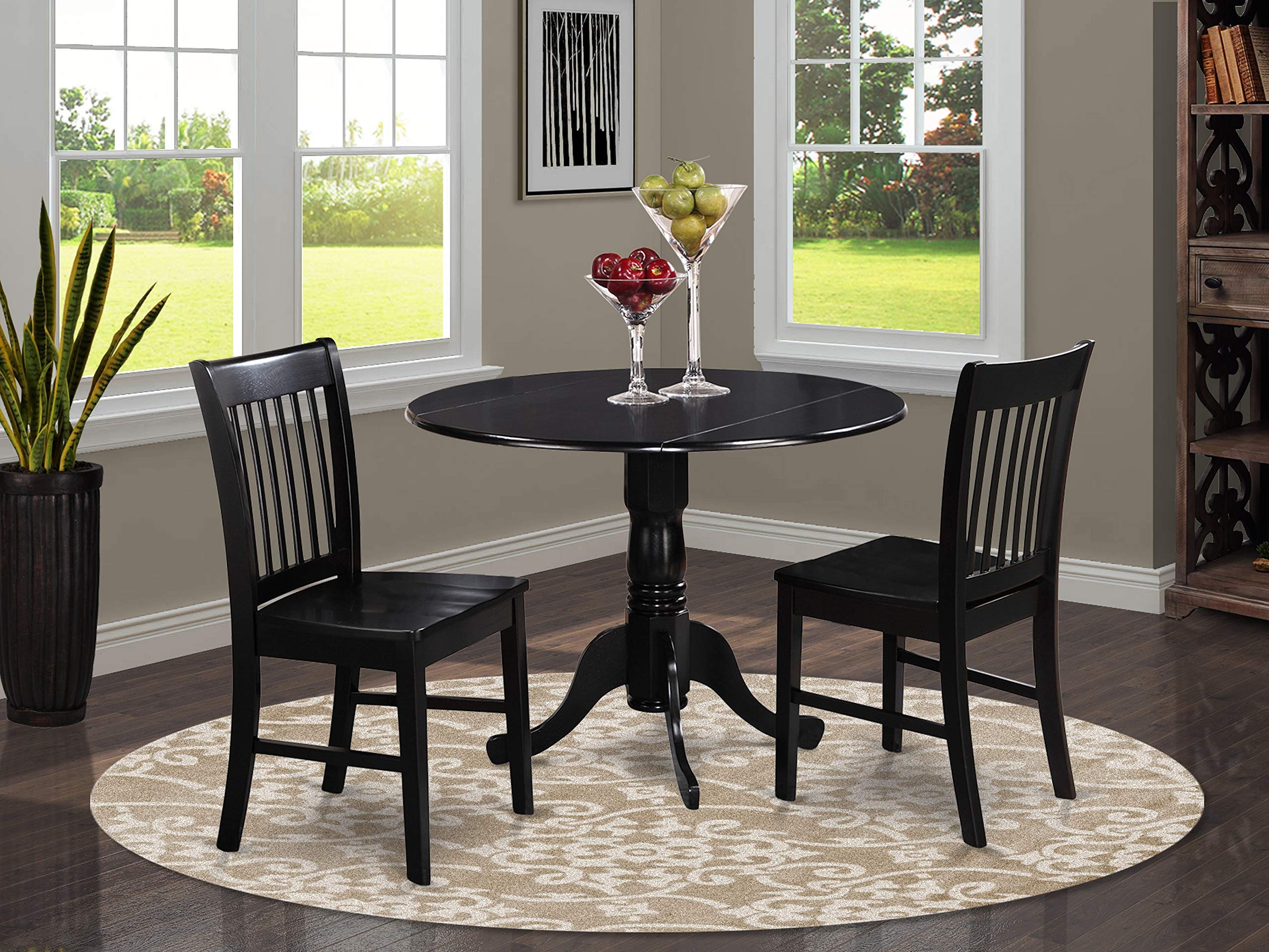 East West Furniture Dublin 3 Piece Kitchen Set for Small Spaces Contains a Round Dining Room Table with Dropleaf and 2 Solid Wood Seat Chairs, 42x42 Inch, DLNO3-BLK-W