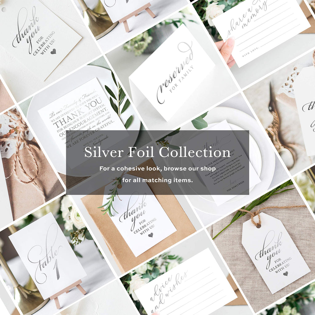 Bliss Collections Wedding Reception Thank You Cards, Pack Of 50 Real Silver Foil Cards, Great Addition To Your Table Centerpiece