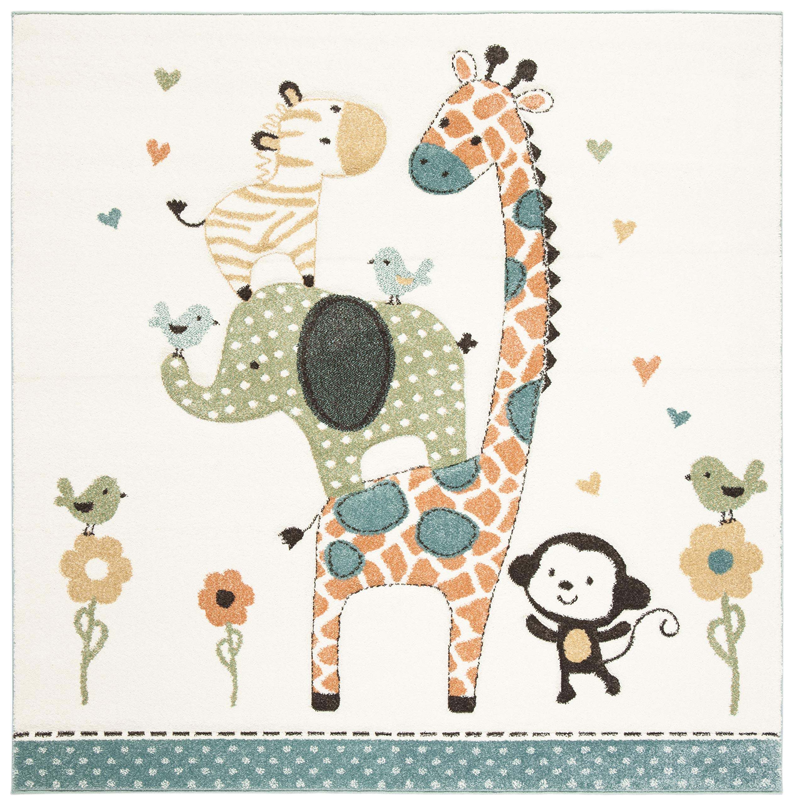 SAFAVIEH Carousel Kids Collection 8 Square Ivory CRK120A Animal Non-Shedding Nursery Playroom Area Rug