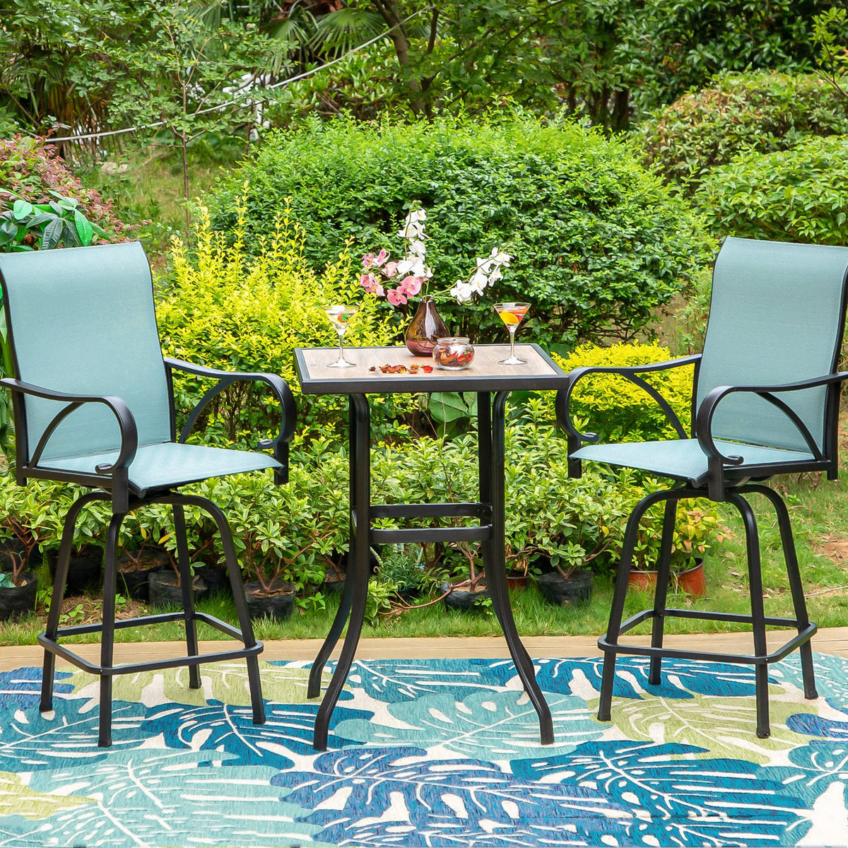 Mfstudio 3 Piece Outdoor High Top Bar Set, Bar Height Table And Chairs For Patio, Waterproof Bar Height Bistro Set For 2,Light Blue